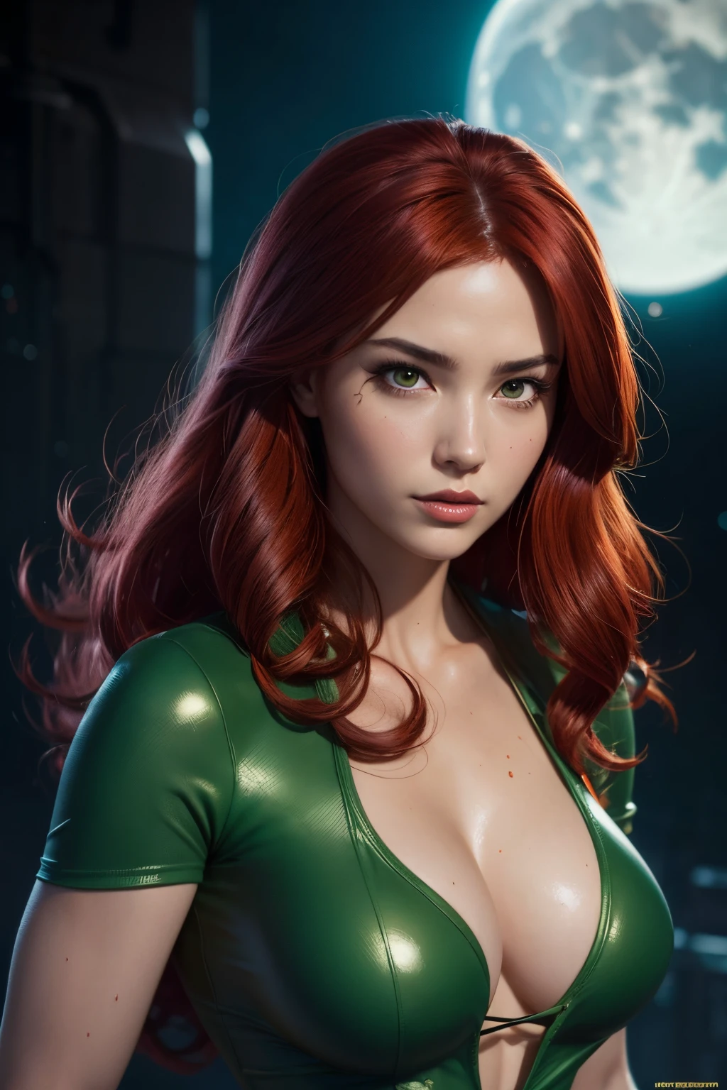 in the style of Artgerm and Adam Hughes, sexy green wet t-shirt woman, mary jane watson, spider-woman style, red hair, in the moon, no bra, ultra high def, 32k,
