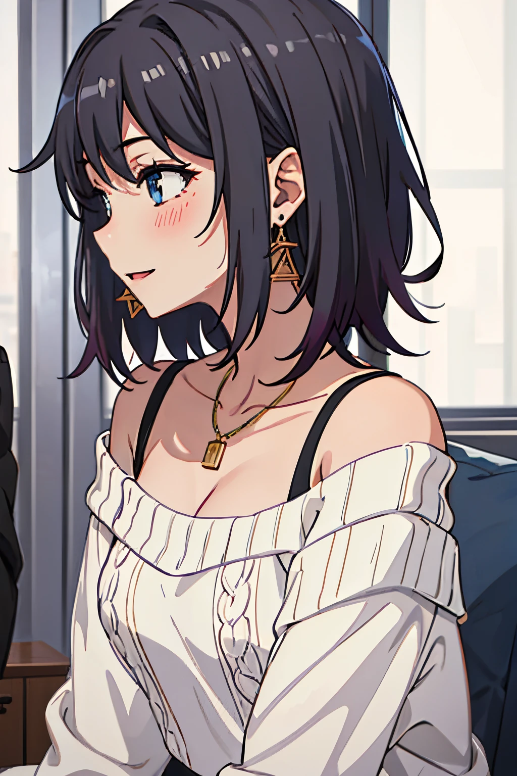 best quality, masterpiece, highres, solo, {yukinoshita_haruno_yahariorenoseishunlovecomewamachigatteiru:1.15}, black_hair, short_hair, smile, brown_eyes, bangs, 1girl, earrings, jewelry, off_shoulder, open_mouth, from_side, off-shoulder_sweater, profile, sweater, upper_body, blue_eyes, bra_strap, collarbone