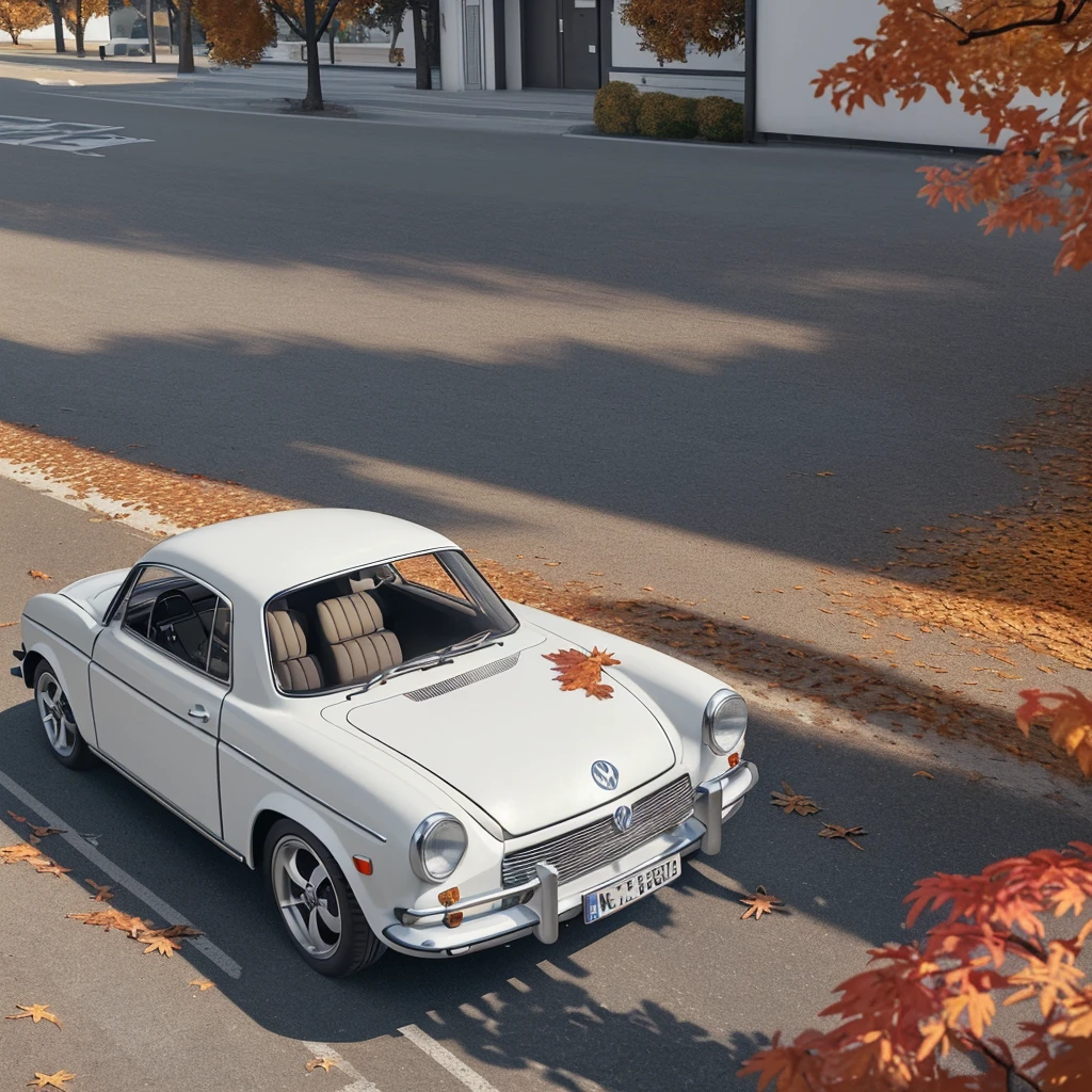 volkswagen karmann gear, white,Drift car parked on the street covered in autumn leaves (city:1.3), Fall, Global Illumination, Volumetric lighting, Best Quality, Highly detailed, ...CGI, Illustration, Octane Render,