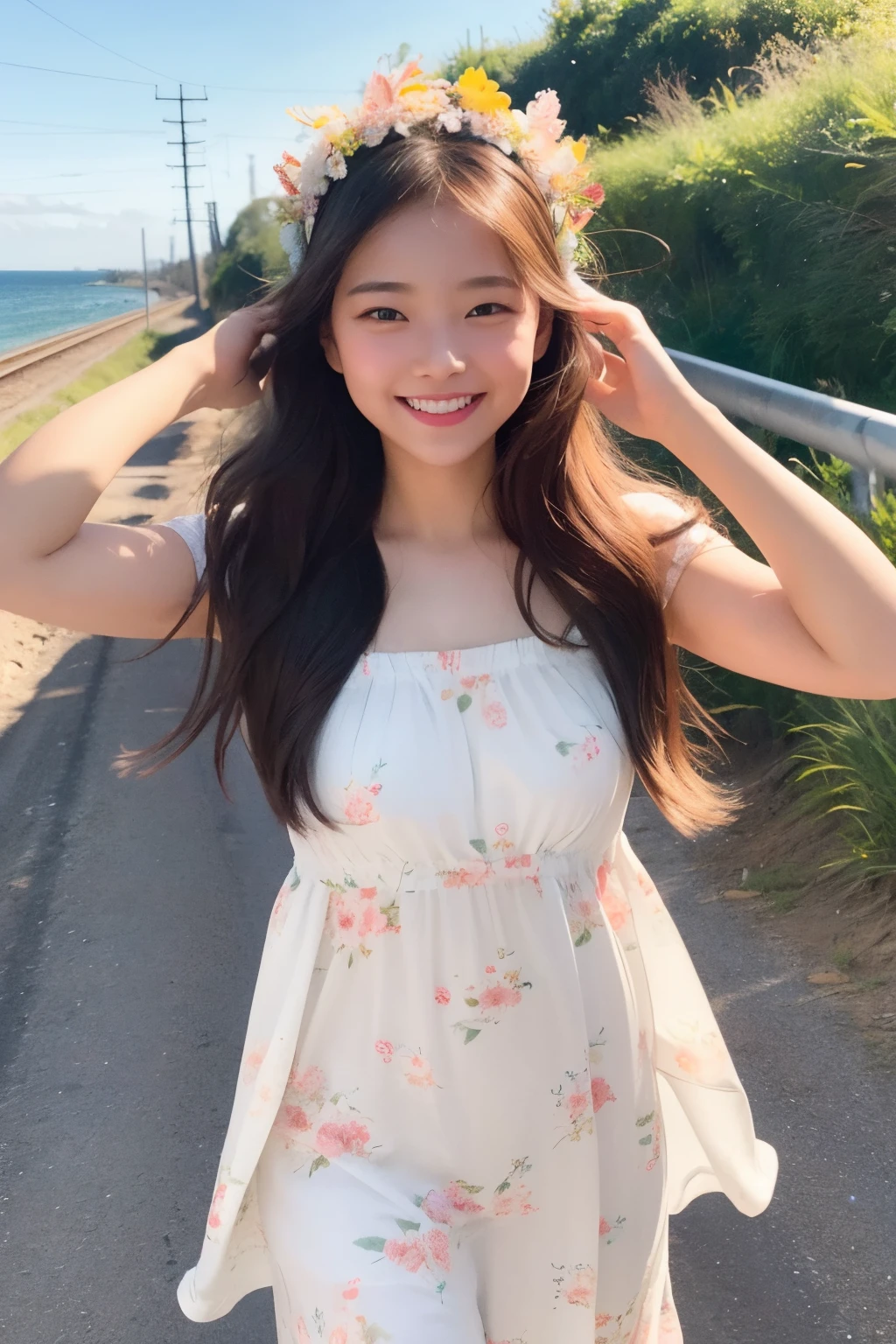 In this visually descriptive prompt、、, The girl walks along the road parallel to the railroad tracks.., She greeted the day cheerfully with her right hand raised... the morning light illuminates her face, Let your smile stand out against the backdrop of the ocean. Her hair is adorned with a delicate floral headpiece, Add femininity to the scene.