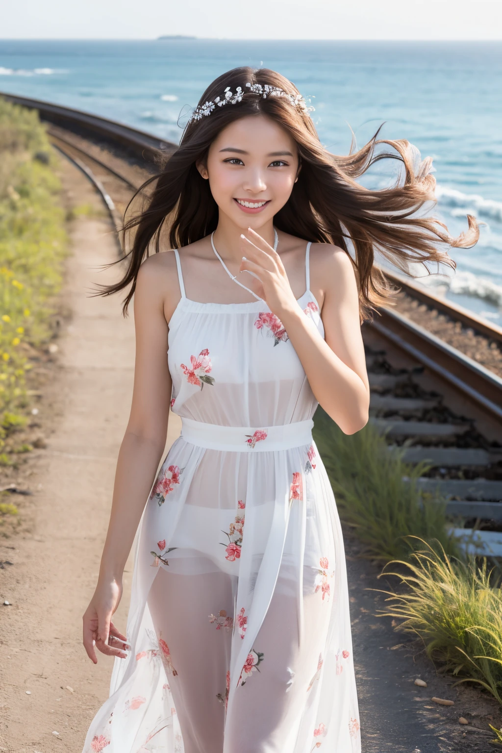 In this visually descriptive prompt, a girl walks along a path that runs parallel to the railroad tracks, her right hand raised in a vigorous greeting to the day. The morning light illuminates her face, highlighting her smile as she gazes out at the vast sea in the background. Her hair is adorned with delicate floral hair ornaments, adding a touch of femininity to the scene.
