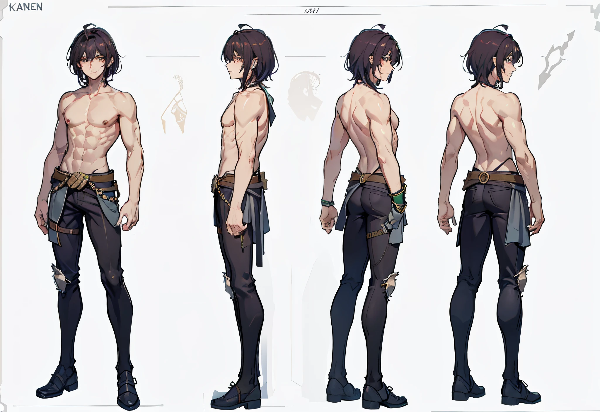 1male, reference sheet, matching outfit, (fantasy character design, front angles, side angles, rear angles) man, Kaelan, thin, lithe and agile with sable dark hair in unruly waves, Rogue, piercing emerald eyes, freckles, Desert wanderer, tanned skin, revealing keen intellect. Average height, lean and toned build from navigating Sandlands. Subtle scar on left cheek. Naked model, Wears no clothing.
