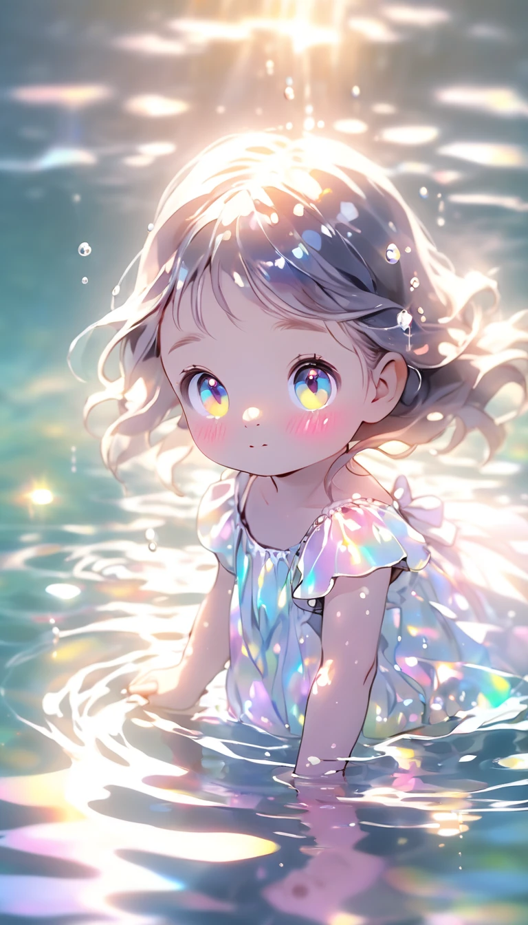 Little girl in the water, fantasticcolors, Close-up, Light is refracted into water, reflections transparent iridescent colors,gentle illumination/ Soft lights, High detail, Ultra-high definition,