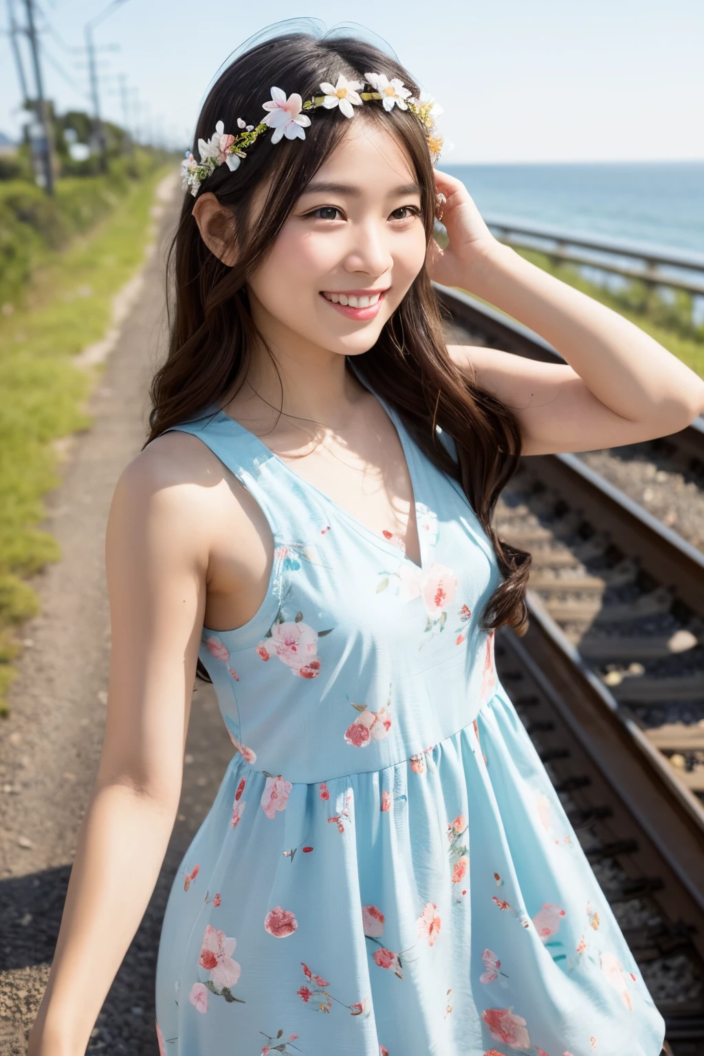 In this visually descriptive prompt、、、、, The girl walks along a path parallel to the railroad tracks...., She greeted the day cheerfully with her right hand raised..... the morning light illuminates her face, Let your smile stand out against the backdrop of the ocean. Her hair is decorated with a delicate floral headpiece, Add femininity to the scene.