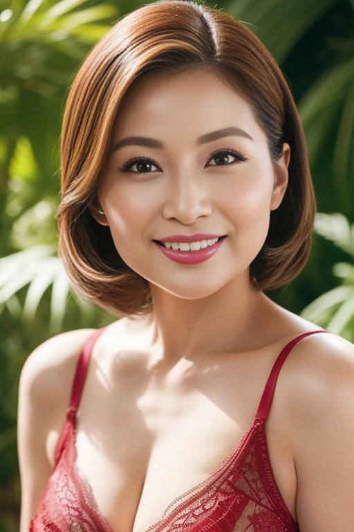 Thai woman, short red shoulder-length hair, glasses, two-tone skin, round face., red hair, light smile, heart earrings, longeyelashes, Canon, 135mm, f/2.8, character chart