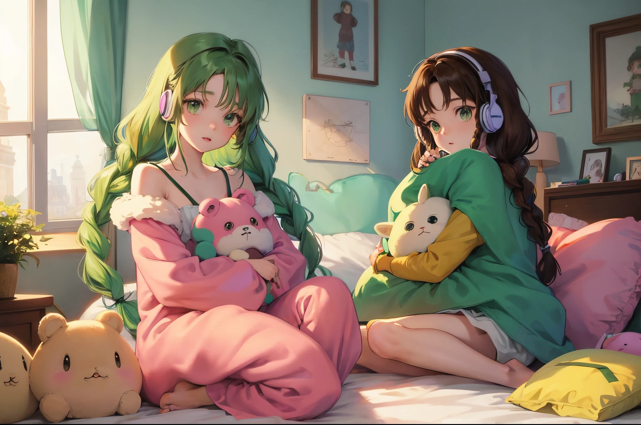 cute anime girl with short brown in two french braids with green eyes. sitting on her bed with cute stuffed animals all around her and fuzzy blankets and pillows
with headphones on. studio ghibli pixar