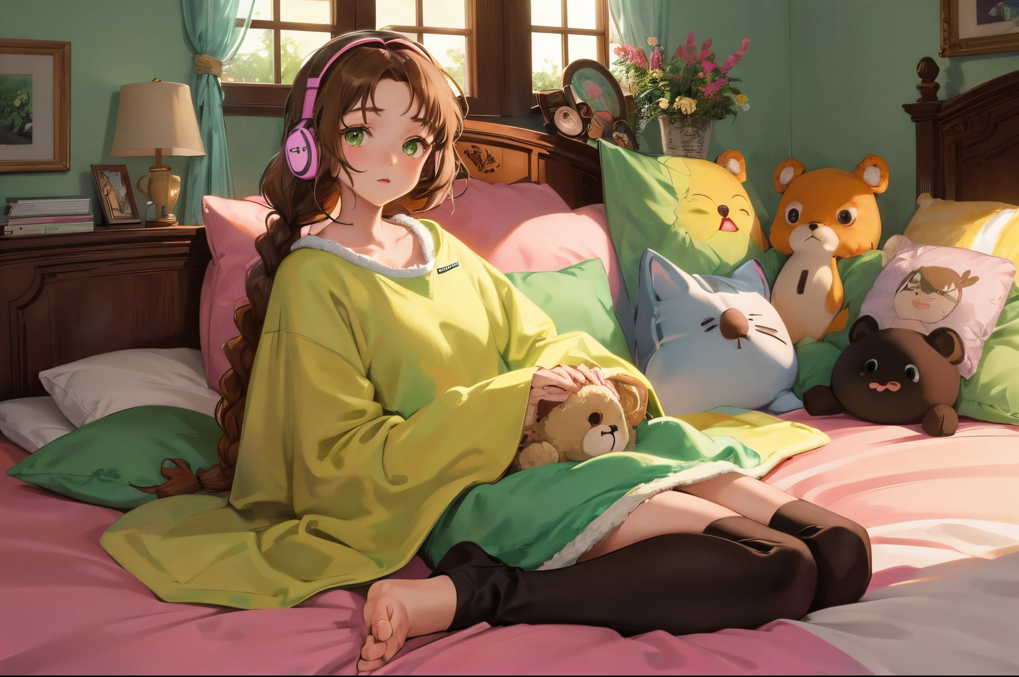 cute anime girl with short brown in two french braids with green eyes. sitting on her bed with cute stuffed animals all around her and fuzzy blankets and pillows
with headphones on. studio ghibli pixar