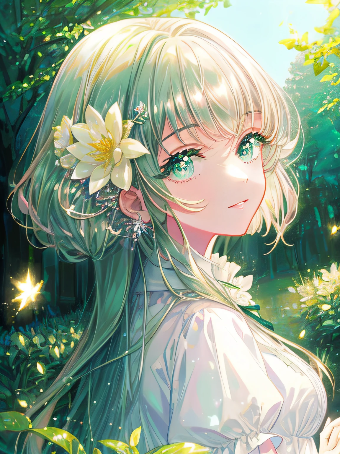 (​masterpiece、8K、top-quality)、(Soft light:1.5), Detailed face, Detailed eyes, beautiful digital works of art, landscape, palatial palace, Back Light, Many flowers, forest, Smile, Green eyes, simple dress, spark