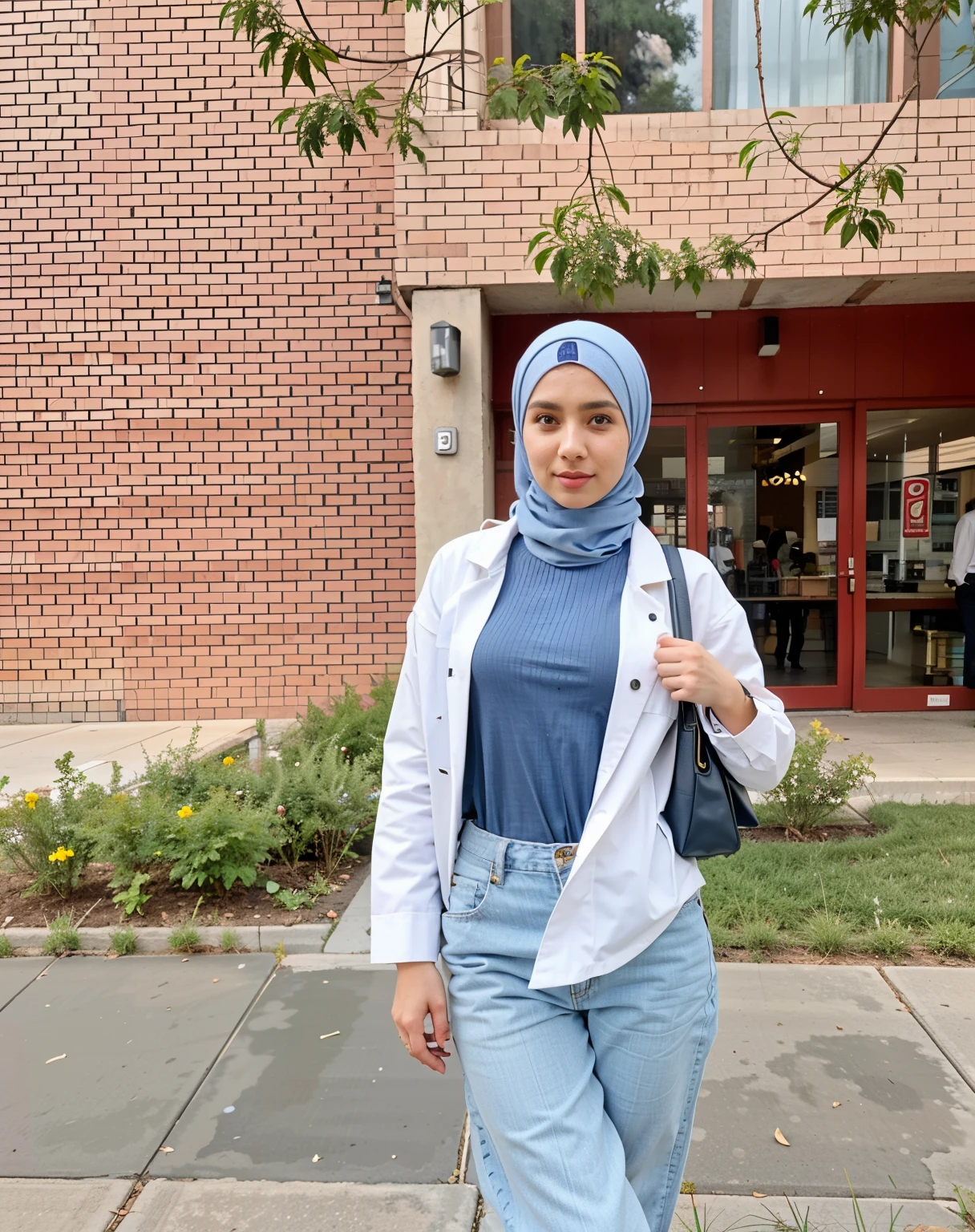 arafed woman in a hijab and jeans standing on a sidewalk, blue hijab, inspired by JoWOnder, inspired by Nazmi Ziya Güran, wearing casual clothing, inspired by Naza, wearing casual clothes, casual pose, she is wearing streetwear, inspired by Fathi Hassan, student, at college, casual clothing style, wearing lab coat and a blouse