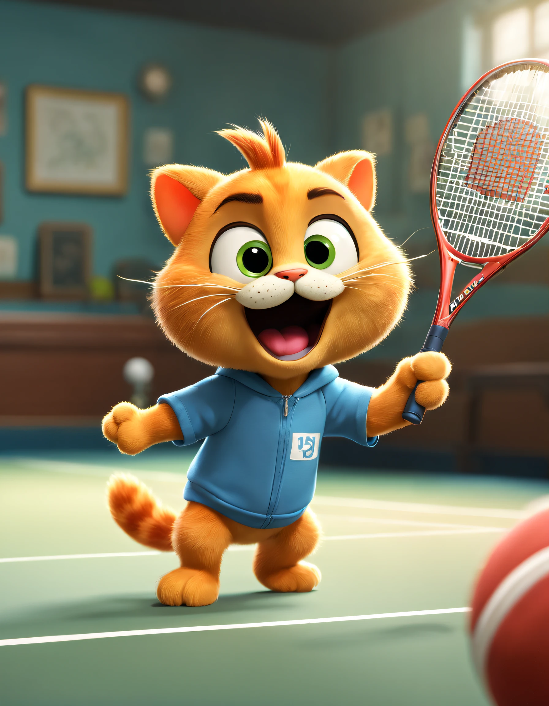 (There is a sweaty Garfield cat playing tennis), （waving a tennis racket）, Hitting action，Wearing a red and blue sweatshirt and shorts., （sweat profusely），Exaggerated cute expressions, , largeeyes, Hairy beard,（long fat tail：1.0），
 Background with: inside in room，Tennis hall，There is an audience, 3D, Cartoonish, Produced by Pixar, kawaii, anthropomorphic turtle，comic strip，