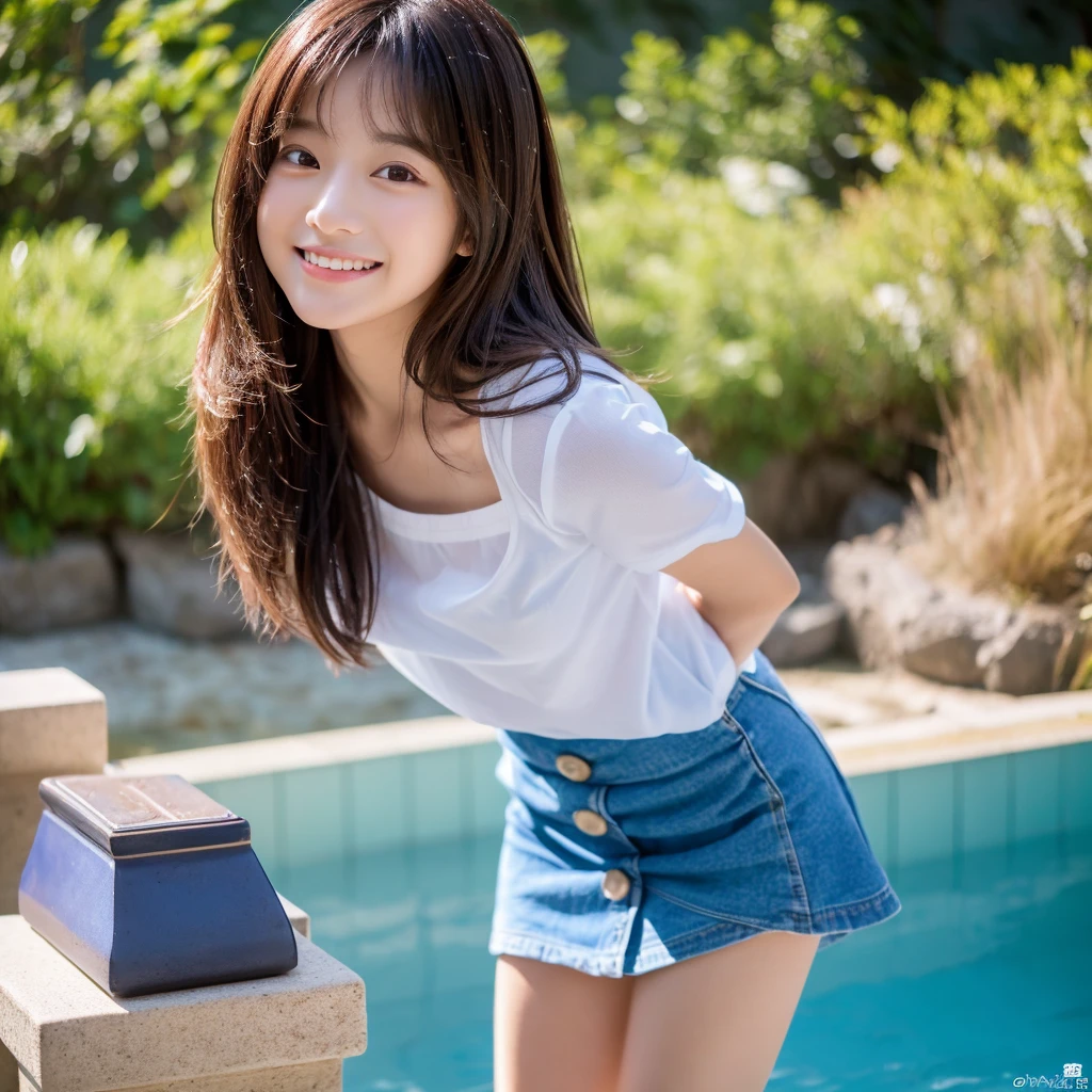 (masterpiece:1.3), (in 8K, Photorealsitic, Raw photography, Top image quality: 1.4), japanes, beauitful face, (Idol,Lifelike face),provocative smiling, (Middle hair:1.3), Messy short brown hair, realisticeyes, Beautiful eyes, (real looking skin), Beautiful skin, enticing, The ultra -The high-definition, A hyper-realistic, high-detail,Beautiful blue sea、standing and basking in the wind、Angle looking up from below、hi-school girl、KPOP Idol、Cute age girl、Shy smile、Messy short brown hair、model legs、off shoulders、My sexy shirt looks like it's going to come off、There is nothing on the shirt、skirt is up、The shirt is wet and sheer、Sharp Focus、a miniskirt、She opens her legs in a sexy way、White panty