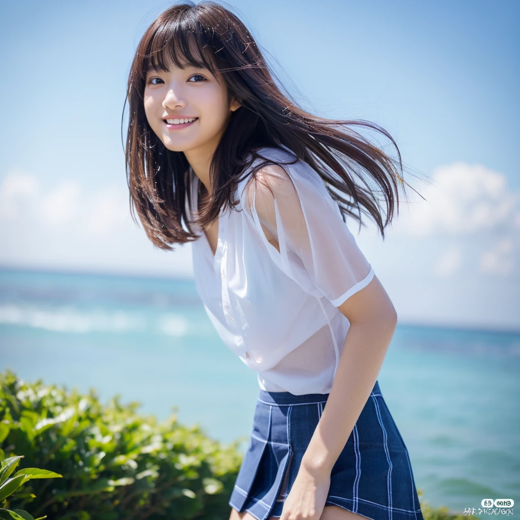 (masterpiece:1.3), (in 8K, Photorealsitic, Raw photography, Top image quality: 1.4), japanes, beauitful face, (Idol,Lifelike face),provocative smiling, (Middle hair:1.3), Messy short brown hair, realisticeyes, Beautiful eyes, (real looking skin), Beautiful skin, enticing, The ultra -The high-definition, A hyper-realistic, high-detail,Beautiful blue sea、standing and basking in the wind、Angle looking up from below、hi-school girl、KPOP Idol、Cute age girl、Shy smile、Messy short brown hair、model legs、off shoulders、My sexy shirt looks like it's going to come off、There is nothing on the shirt、skirt is up、The shirt is wet and sheer、Sharp Focus、a miniskirt、She opens her legs in a sexy way、White panty