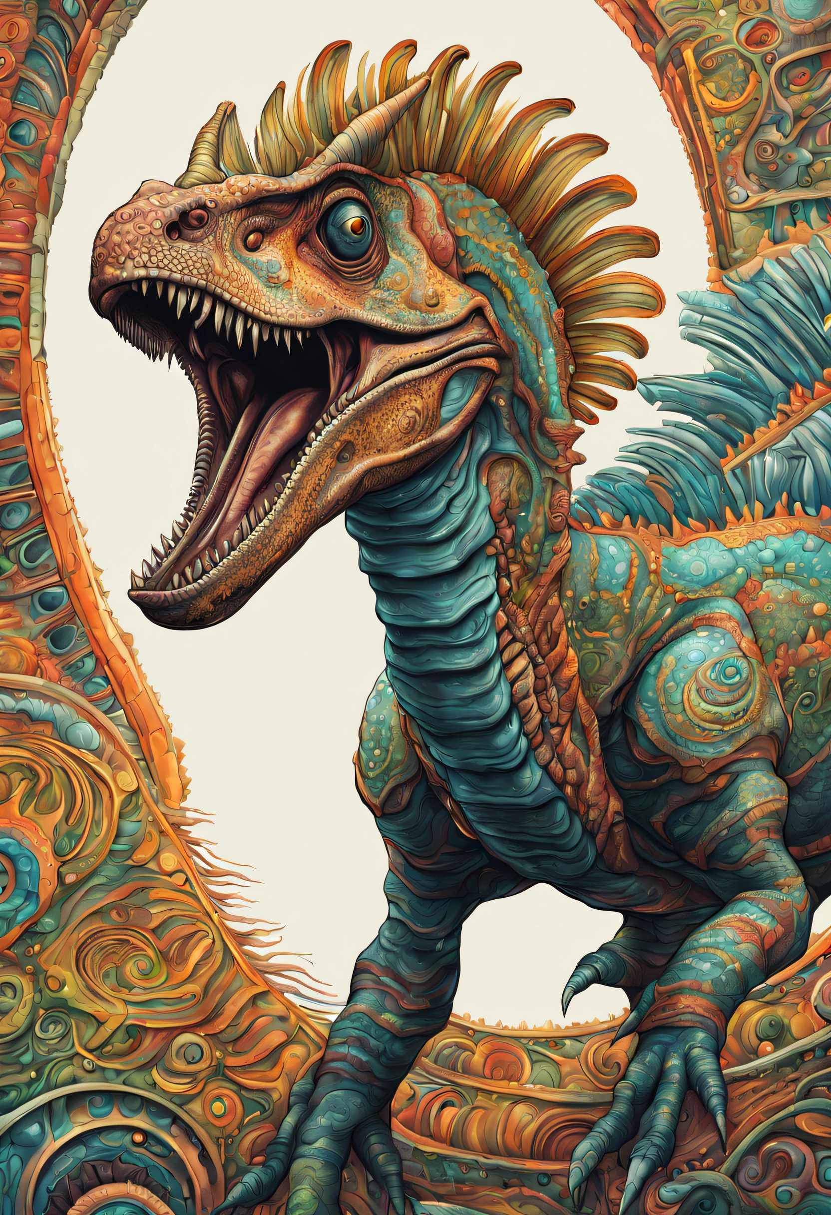 The portrait of a biomechanical tiranosaurus, highly detailed and textured, with a futuristic style. A swirl décor of psychedelic color