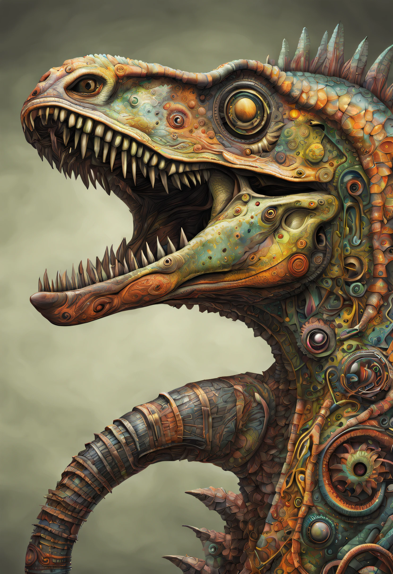 The portrait of a biomechanical tiranosaurus, highly detailed and textured, with a futuristic style. A swirl décor of psychedelic color