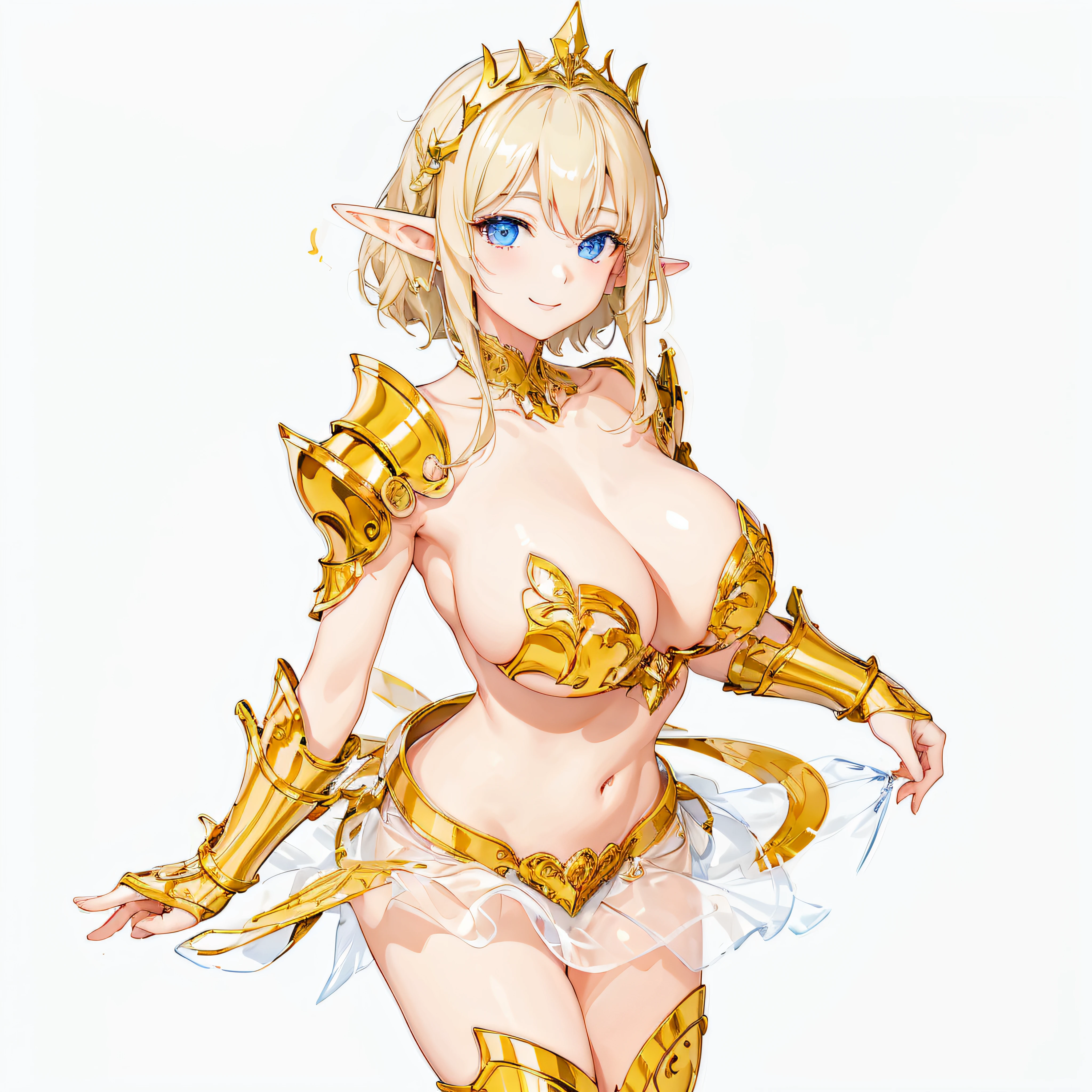 masterpiece、top-quality、ighly detailed、hight resolution、16k、fullnude、teats、Boob proportions、golden armour、Very thin skirt、Black pants、Full body like、Very white skin、Beautiful fingers、Anime girl with very big breasts posing naked、Perfect Style、elvish、no-bra、Blonde blue-eyed、A smile、An elf girl
