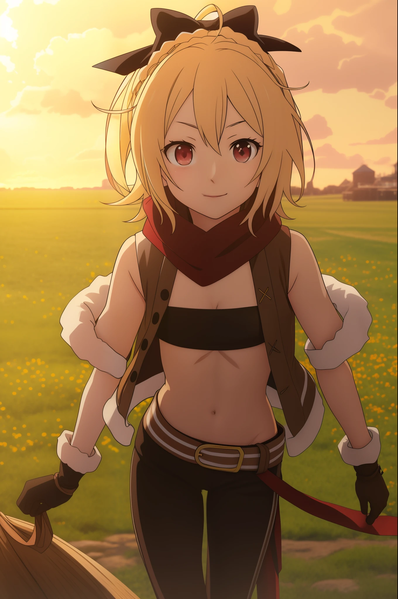 è ²é² ç‰¹,1girl,blonde hair,red eyes,crown braid,black bow,short hair,ahoge,hair between eyes,bangs,hair bow,solo,smile,outdoors,full body,
red scarf,black bandeau,cropped jacket,brown jacket,flat chest,cleavage,sleeveless,bare shoulders,sheathed,fur trim,belt,midriff,navel,torn scarf,brown vest,fur-trimmed gloves,brown gloves,groin,navel,single pantsleg,black pants,open vest,ribbon,spring,flower field,lens_flare,, Exquisite visuals, high-definition,masterpiece,best quality,, 18yo,Young female,Beautiful Fingers,Beautiful long legs,Beautiful body,Beautiful Nose,Beautiful character design, perfect eyes, perfect face,expressive eyes,
official art,extremely detailed CG unity 8k wallpaper, perfect lighting,Colorful, Bright_Front_face_Lighting,shiny skin, 
(masterpiece:1.0),(best_quality:1.0), ultra high res,4K,ultra-detailed,
photography, 8K, HDR, highres, absurdres:1.2, Kodak portra 400, film grain, blurry background, bokeh:1.2, lens flare, (vibrant_color:1.2), (beautiful_face:1.5),(narrow_waist), ,NSFW,