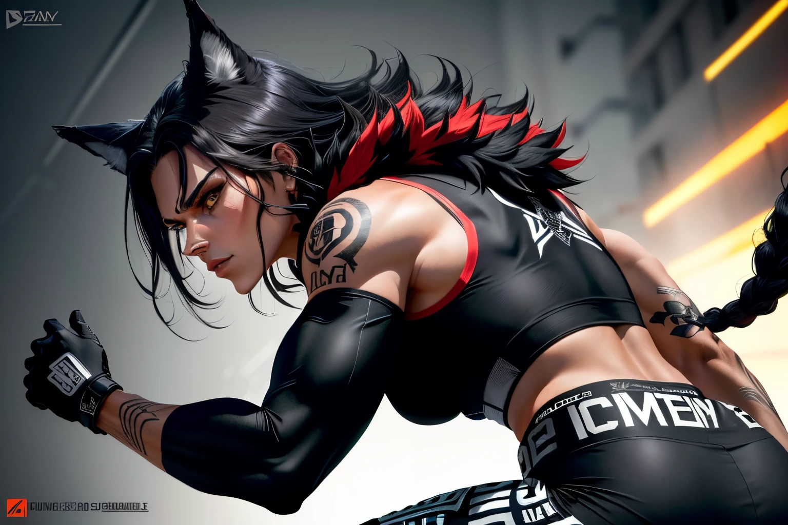 Utilize uma fonte ousada e agressiva para "DWOLF", conveying determination and attitude.
Integre uma imagem de lobo feroz no design, with defiant expression, para representar a personalidade forte e resiliente.
Utilize tons intensos como vermelho, preto e cinza para destacar a atitude ousada e assertiva da marca.
Add graphic elements that symbolize overcoming, como correntes quebradas ou chamas, to reinforce the message "Fuck Your Excuses".