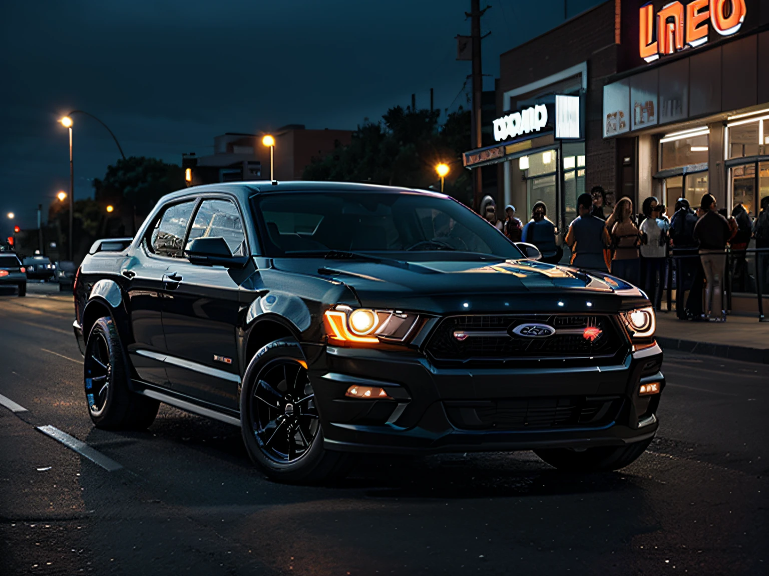 Modern Ford Muscle Car Concept inspired by the Ford Ranchero, LED Head Lights, Neon Night Scene, Photo Realistic Future City Day Street Scene