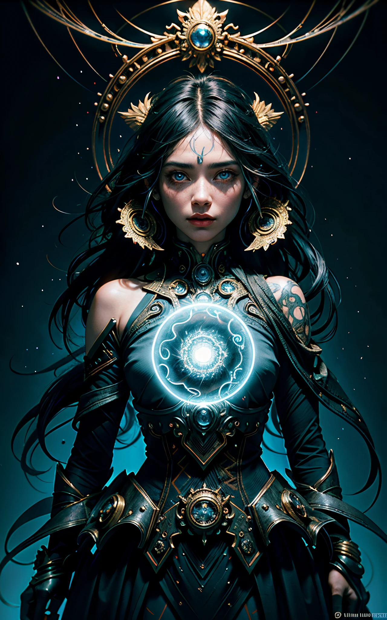 ultra-detailed artistic abstract beautiful indigenous woman with long black hair, magic with bioluminescent filigree, geometric photography, 32k fashion abstract poster, detailed symmetrical blue iris, natural body posture by artist russ mills, art by alberto seveso, by Carne Griffiths, by Wadim Kashin, symmetrical, abstract art style, sharp eyes, digital painting, burst of color, concept art , volumetric lighting, by GIlSam-paio octane rendering depicting innovation and truth, 8k, by Lee Jeffries, Alessio Albi, Adrian Kuipers, glamour, intricate detailed environment, lace, smudges , dark background, masterpiece, ornate, depth - studio Gs perfecty.
