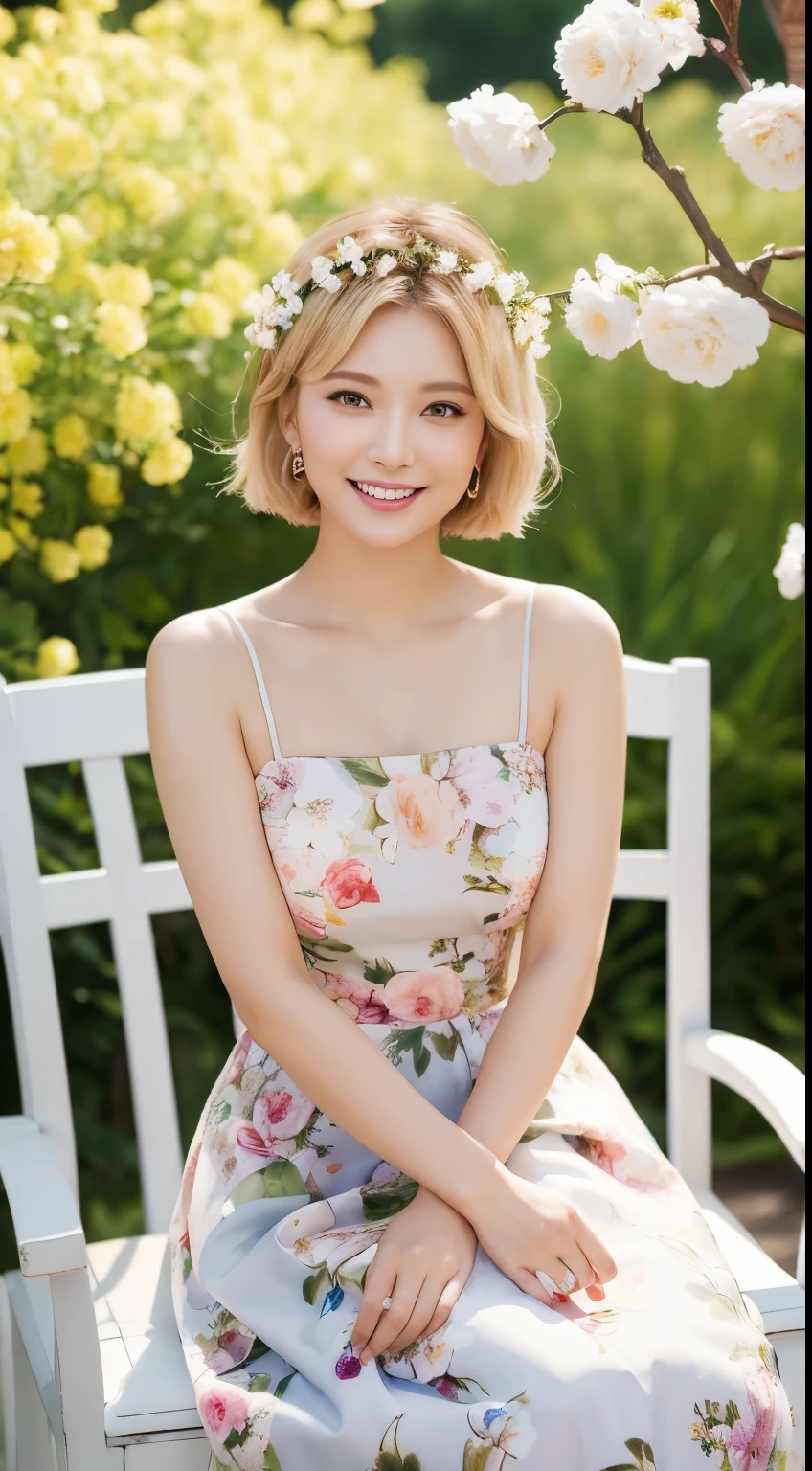 ((top-quality))、 ((masterpiece))、Matchmaking Photos、florals、Product Sample Costumes、Stand in front of the photo 、Eye Up、Opens mouth and laughs、a short bob、a blond、Flowers in the foreground、Strong bokeh、bustup、sit a chair、bio luminescent、radiant light