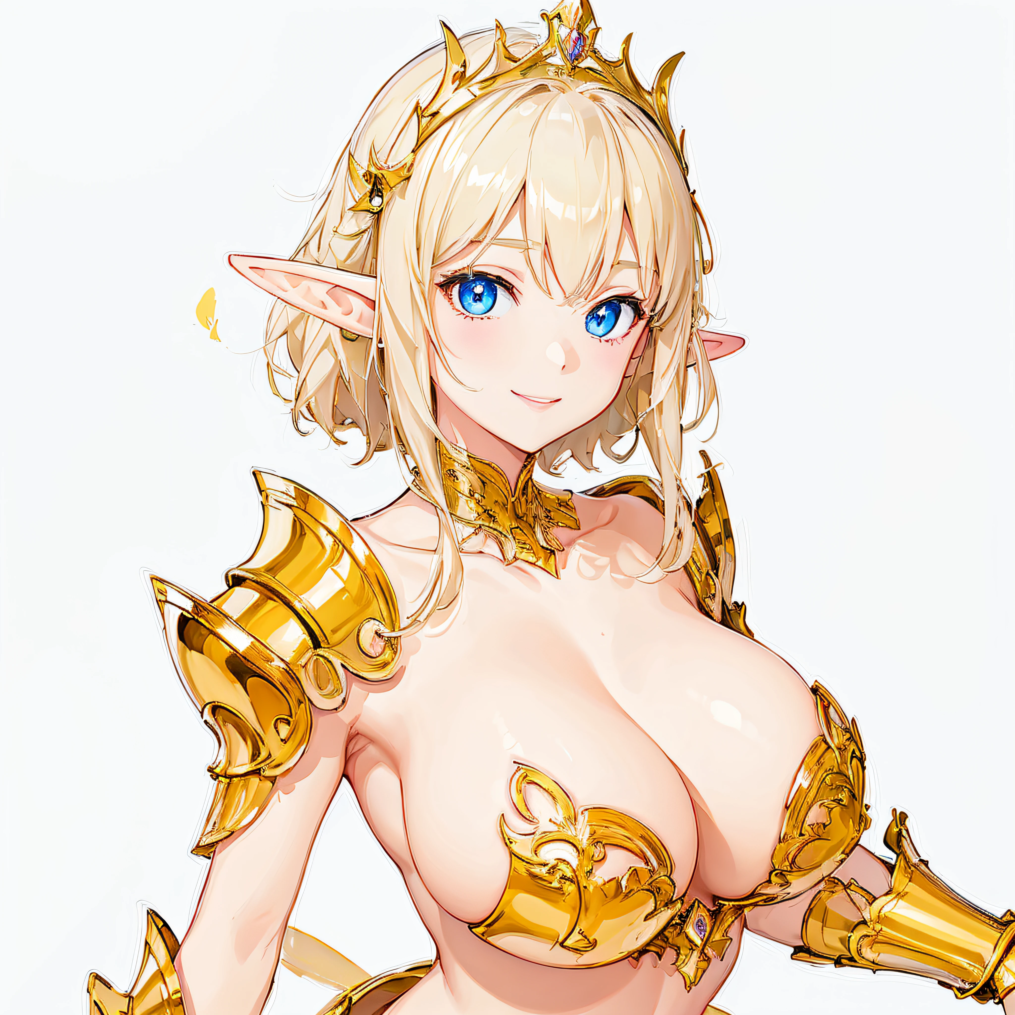 ​masterpiece、top-quality、ighly detailed、hight resolution、１６ｋ、fullnude、teats、Boob proportions、golden armour、Very thin skirt、Black pants、Full body like、Very white skin、Beautiful fingers、Anime girl with very big breasts posing naked、Perfect Style、elvish、no-bra、Blonde blue-eyed、A smile、An elf girl