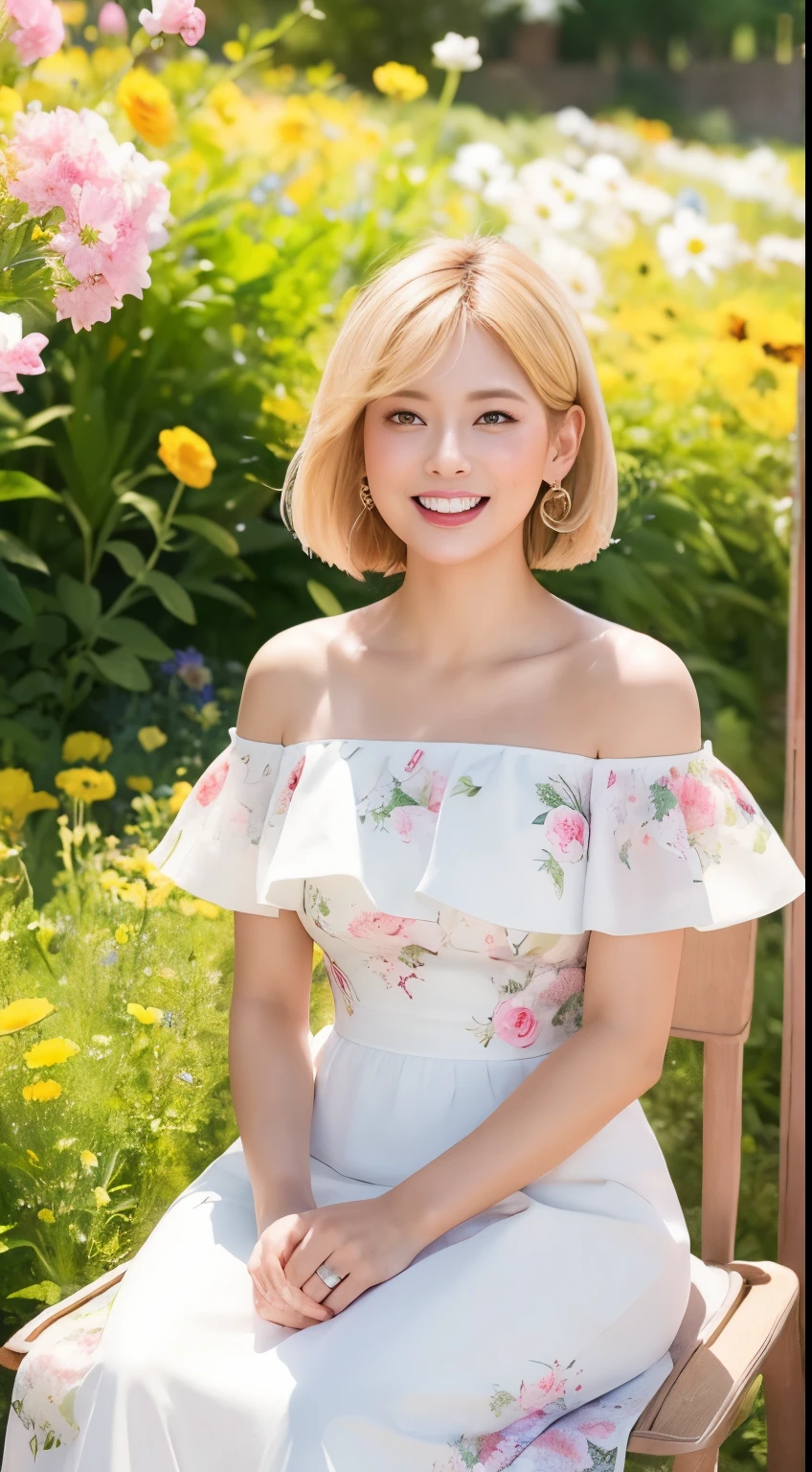 ((top-quality))、 ((masterpiece))、Matchmaking Photos、florals、Product Sample Costumes、Stand in front of the photo 、Eye Up、Opens mouth and laughs、a short bob、a blond、Flowers in the foreground、Strong bokeh、bustup、sit a chair、bio luminescent、radiant light