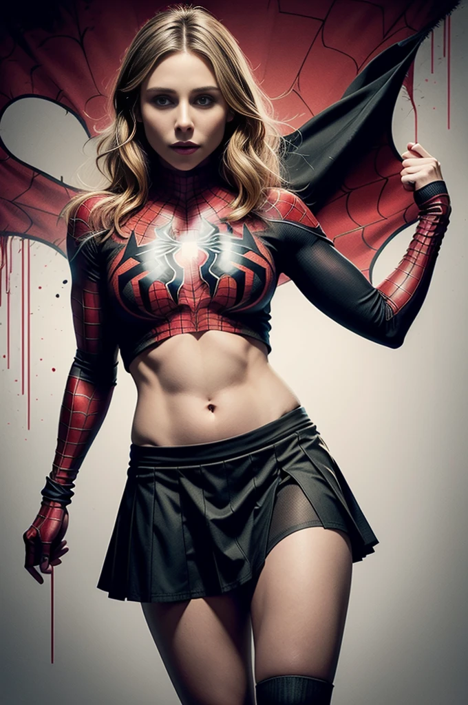 Margot Robbie、Sticking out the navel、newyork、She wears a torn Spider-Man suit,wearing skirt、 Red and black color scheme,Dynamic、masterpiece、top-quality、ultra-detailliert、ighly detailed、beautiful detailed brilliance、超A high resolution