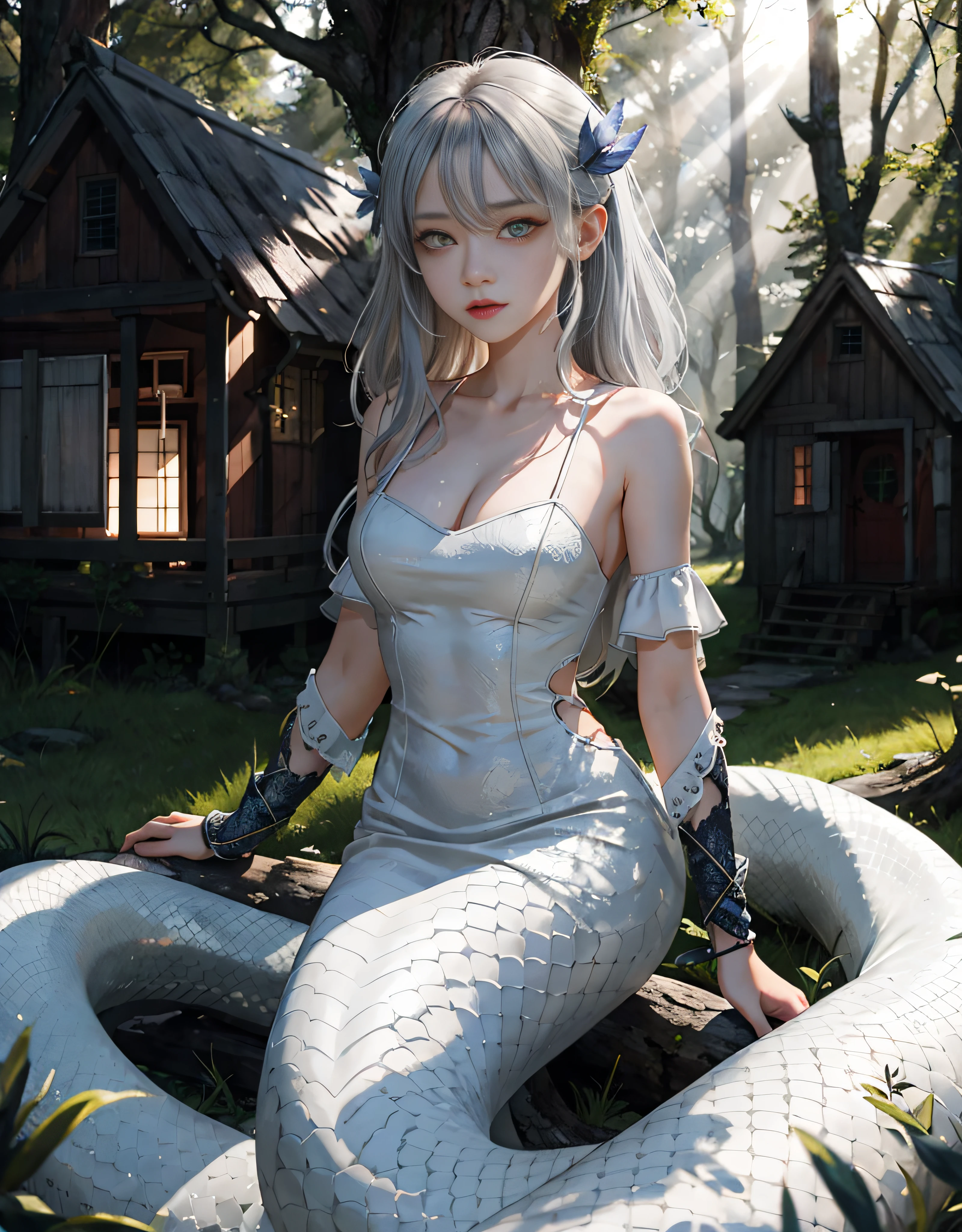 Detailed white snakeskin， Individual focus， （Lamia）， stoic， monstergirl， ， beautidful eyes， beatiful background， abandoned cottage， ln the forest， light particules， suns rays， dramatic  lighting， do lado de fora， grassy， leafs， Shiny （amarelo， Red Jewel， White gradient：1.5）， Realistis， tmasterpiece， best qualtiy， ultra - detailed， A detailed， scenecy， 美丽细致的眼睛， Detailed gray hair，beautiful red eye