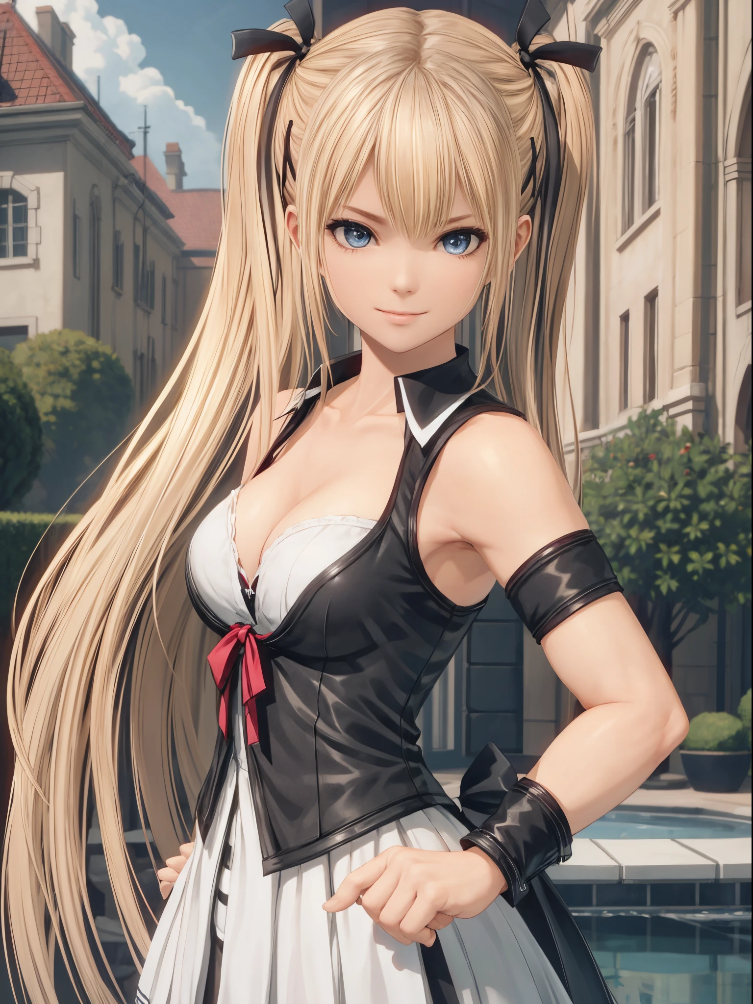(masterpiece), (top-quality), stunningly beautiful Marie Rose (Dead or Alive) as a maid, maid_uniform, blonde hair, twintails hair, dark blue eyes, ,extremely detailed, best quality, ultra-realistic,high-resolution, dynamic angle, dynamic pose, (1girl), small_breasts, flat_chest, (cleavage:1.2), sexy, sensual,smiling, sexy pose, athletic, looking at viewer, eye contact, detailed detailed modern day luxurious mansion in background, sunny day, outdoor, garden, pool, dynamic pose, action pose, alluring, seductive_pose, natural lights, cleavage, athletic body, upper body, mid shot, masterpiece, detailed, mature, bright colors, high saturation, stunningly beautiful girl, precise hands, seductive-expression, inviting smile, smirk, Clear eyes, Shining eyes,, ultra-definition, Top resolution, soft lightning