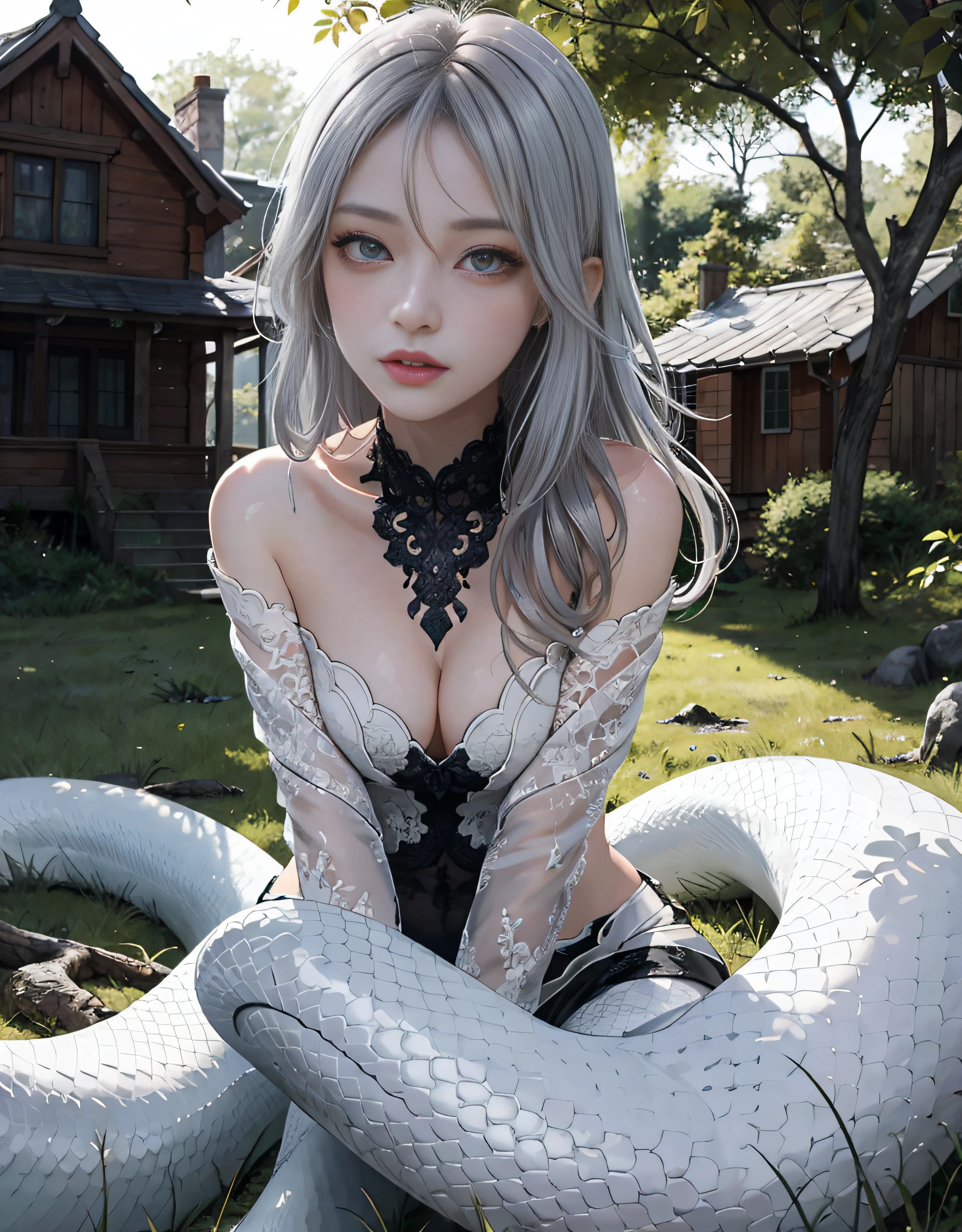 Detailed white snakeskin， Individual focus， （Lamia）， stoic， monstergirl， ， beautidful eyes， beatiful background， abandoned cottage， ln the forest， light particules， suns rays， dramatic  lighting， do lado de fora， grassy， leafs， Shiny （amarelo， Red Jewel， White gradient：1.5）， Realistis， tmasterpiece， best qualtiy， ultra - detailed， A detailed， scenecy， 美丽细致的眼睛， Detailed gray hair，beautiful red eye