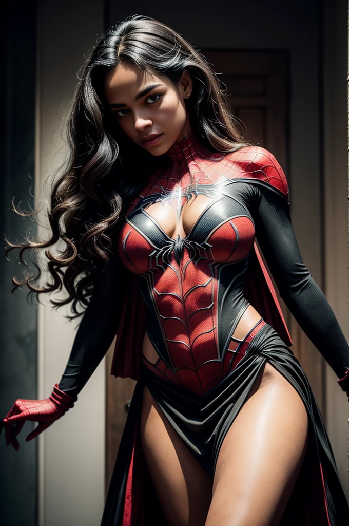 Diana Aglon、Sticking out the navel、newyork、She wears a torn Spider-Man suit,wearing skirt、 Red and black color scheme,Dynamic、masterpiece、top-quality、ultra-detailliert、ighly detailed、beautiful detailed brilliance、超A high resolution