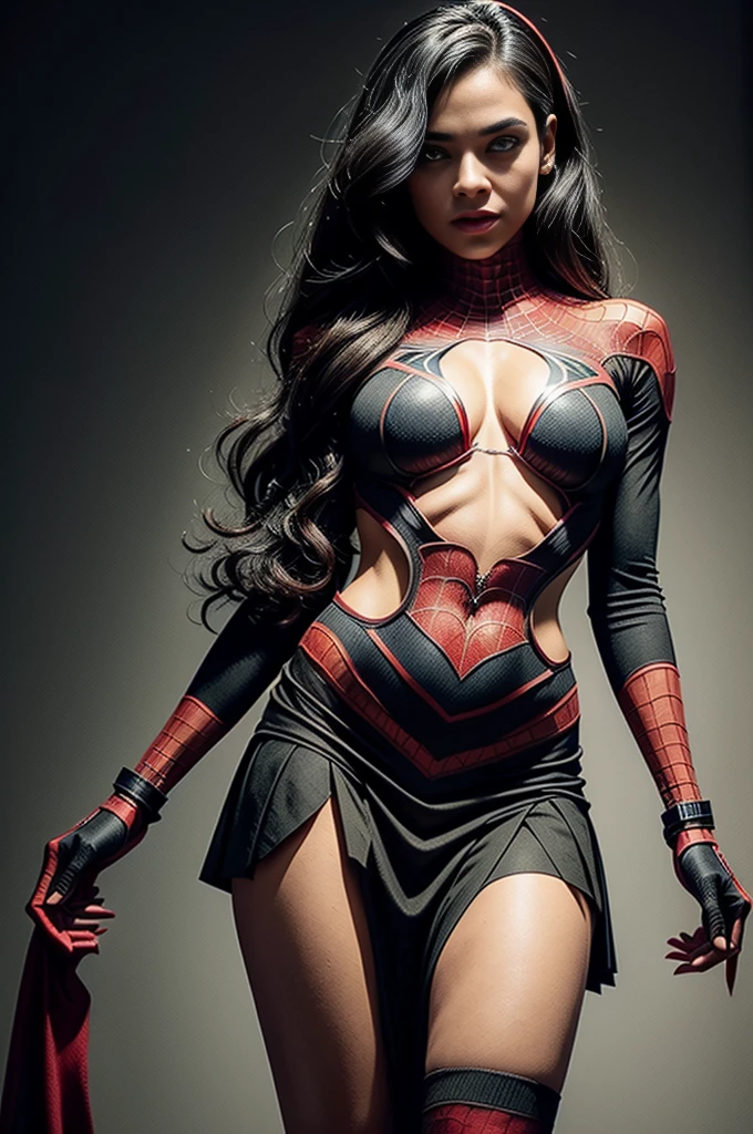 Diana Aglon、Sticking out the navel、newyork、She wears a torn Spider-Man suit,wearing skirt、 Red and black color scheme,Dynamic、masterpiece、top-quality、ultra-detailliert、ighly detailed、beautiful detailed brilliance、超A high resolution