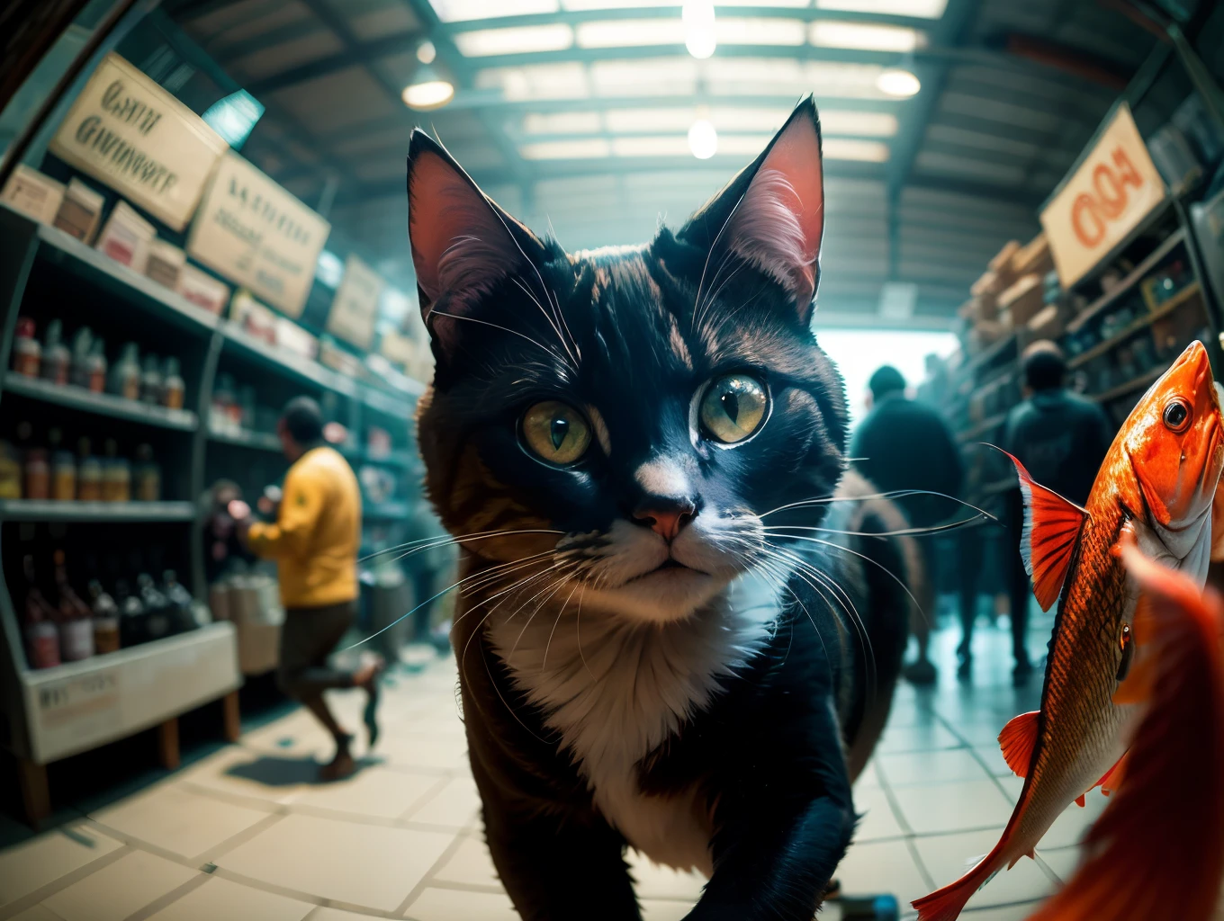 A group of guys chasing a thief cat that is holding a fish in its mouth,crowded market place, cat attacking ethiopia, thief cat,running cat, award - winning 4 k photograph, award winning 4 k photo, crazy fish, large fish eyes, hd award-winning photo, professional capture, epic photography, fish eye effect, scary fish, fish-eye lens, fish - eye lens, award winning photograph detailed realistic photo, RAW photo, (high detailed skin:1.2), 8k uhd, dslr, soft lighting, high quality, film grain, Fujifilm XT3, portrait photography, cinematic,