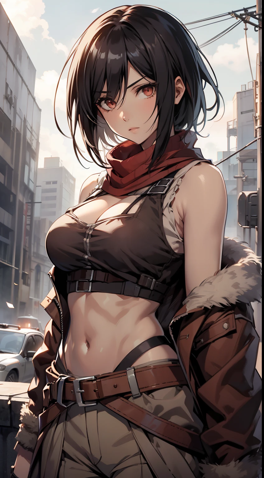 Mikasa_ackerman，solo person，By oneself，Off-the-shoulder clothing，Muskrin，cleavage，nabel，open waist，Abs，Vest line，Off-the-shoulder clothing，