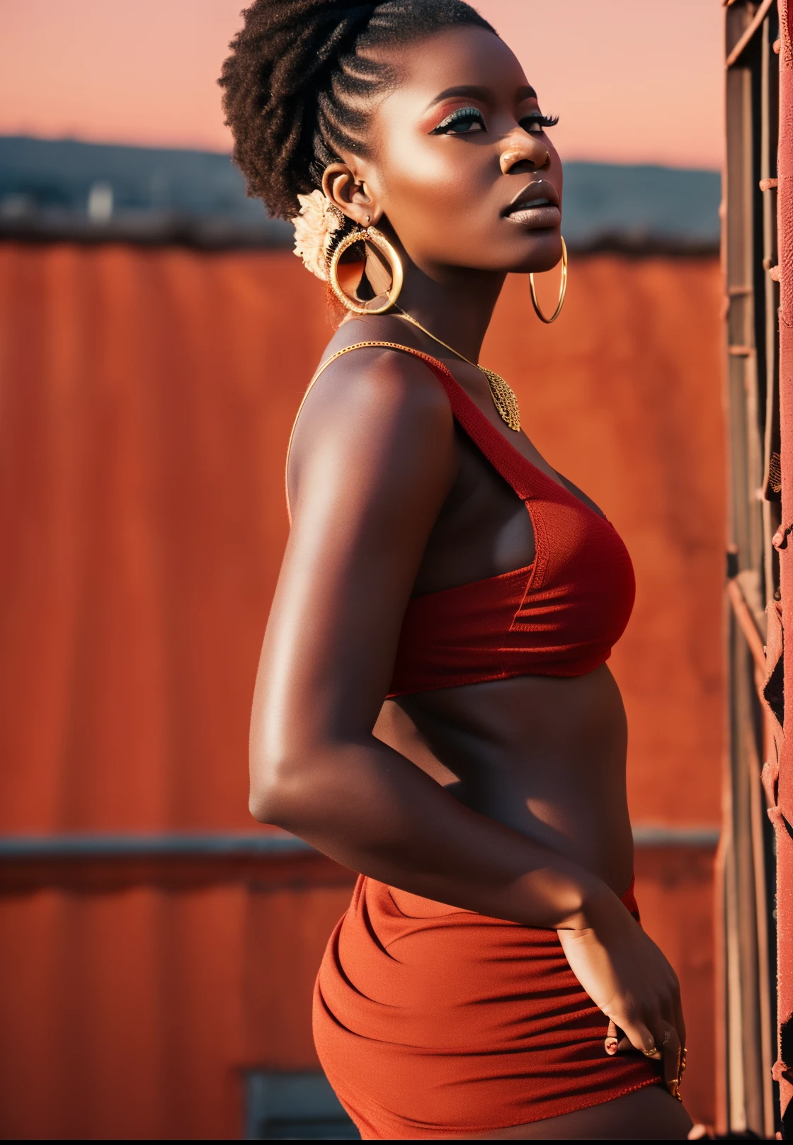 cinematic film still, (FASHION photography) (EDITORIAL photography) (CINEMATIC photography), dark skin WOMAN WITH WIDE HIPS AND BIG MASSIVE BUTTOCKS, (A-cup breasts), ((SMALLSIZE)), MILF wearing DRESS ((MAKING EPIC POSE on ROOFTOP)), ((BIG ASS)), ((LARGESIZE)), (trapezoidal hips), ((LARGESIZE)), (butt facing down), ((SIDE)), cellophane mask scarf sweater, color tones: Almond Tan Wheat, Womanly, Womancore, (best quality)  sharp focus, shot on Fujifilm superia --auto --s2
