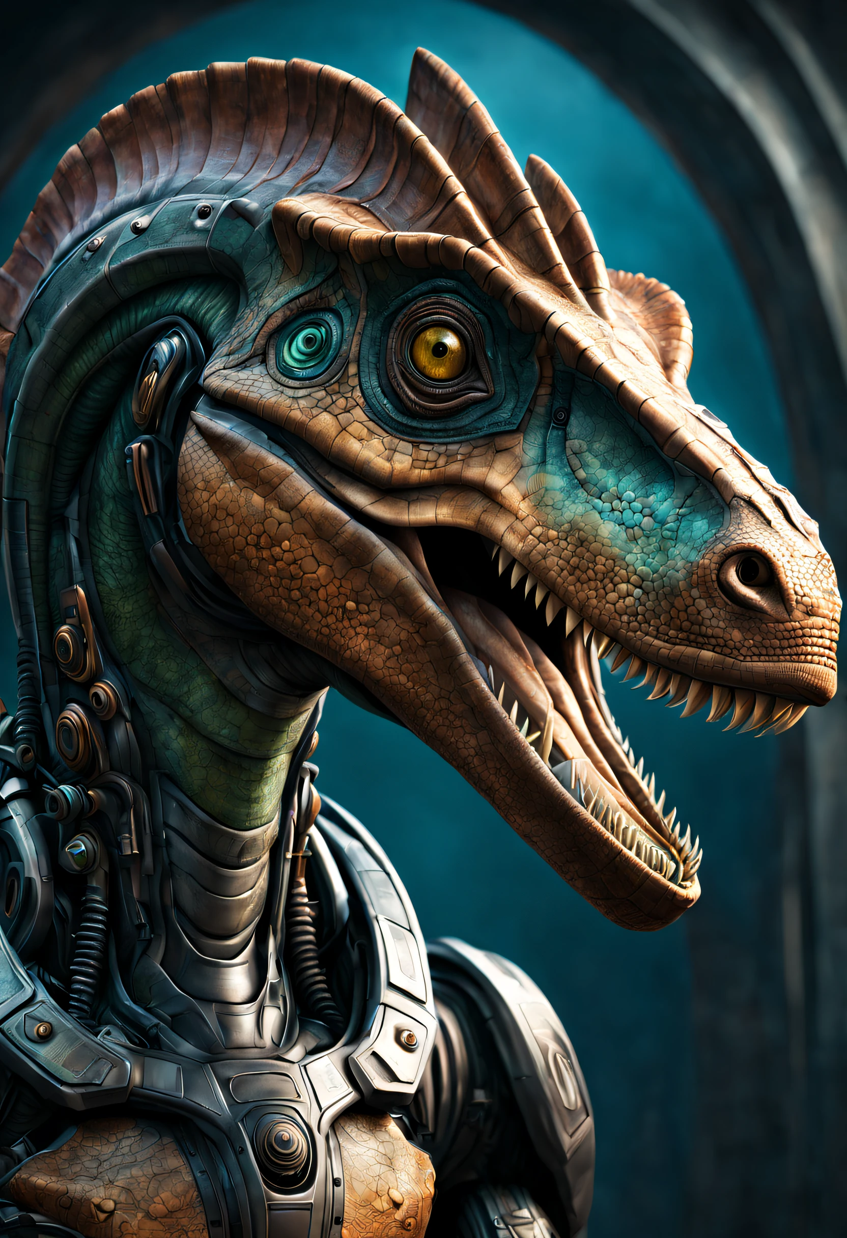 The portrait of a biomechanical tiranosaurus, highly detailed and textured, with a futuristic style.