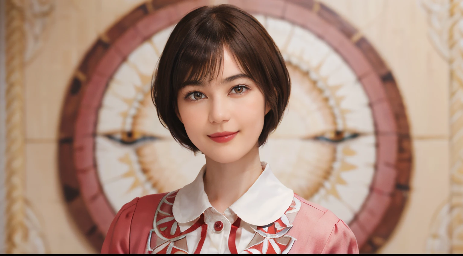 104
(a 20 yo woman,is standing), (A hyper-realistic), (high-level image quality), ((beautiful hairstyle 46)), ((short-hair)), (Gentle smile), (Keep your mouth shut), (The background is a trompe l&#39;oeil&#39;The eye&#39;The eye), ((trickart:1.46)), (lipsticks)