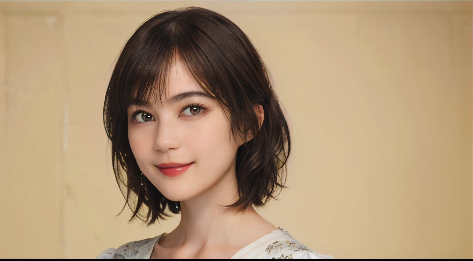 104
(a 20 yo woman,is standing), (A hyper-realistic), (high-level image quality), ((beautiful hairstyle 46)), ((short-hair)), (Gentle smile), (Keep your mouth shut), (The background is a trompe l&#39;oeil&#39;The eye&#39;The eye), ((trickart:1.46)), (lipsticks)