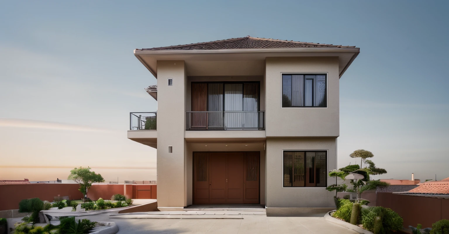 2-storey house exterior, landscaped in a densely populated area, with trees around the house, large front yard with parked car in the yard, red tile roof, garden with ornamental trees, high quality photo output
