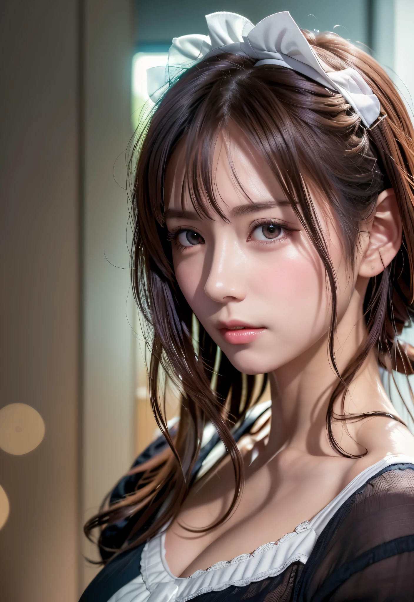 8K, of the highest quality, masutepiece:1.2), (Realistic, Photorealsitic:1.37), of the highest quality, masutepiece, Beautiful young woman, Pensive expression, Thoughtful look, Cute Maid Clothes, Hair tied back, Messy mood, Cinematic background, Light skin tone