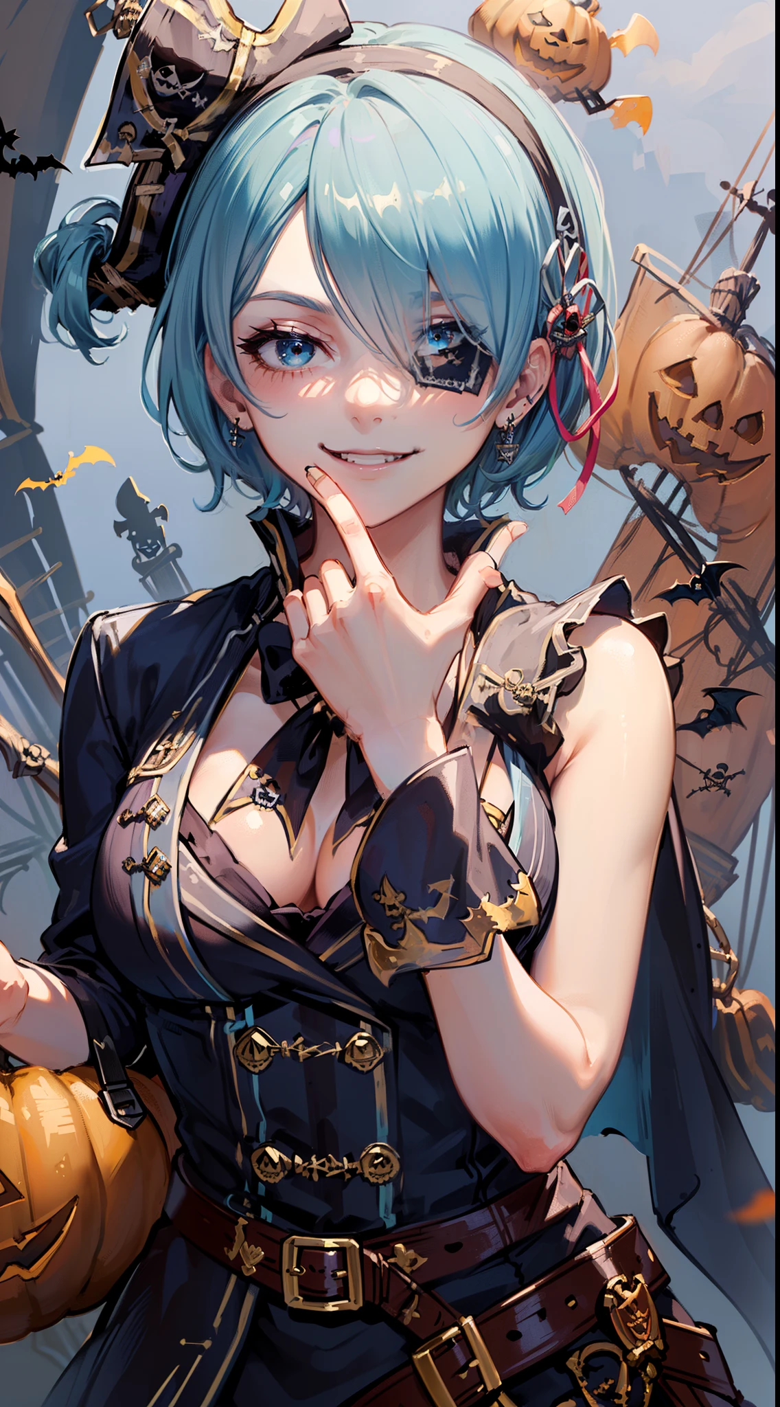 masterpiece, (1girl), ((rem_re_zero, (light blue hair), (hair tie)), (short hair:1.3), (hair over one eye:1.2)), (wearing Halloween ((Pirate) cosplay costume):1.3), boobs, (smiling), (sensual facial expression:1.3), (thinking pose:1.3), (detailed body, detailed hands, detailed face:1.3), full body