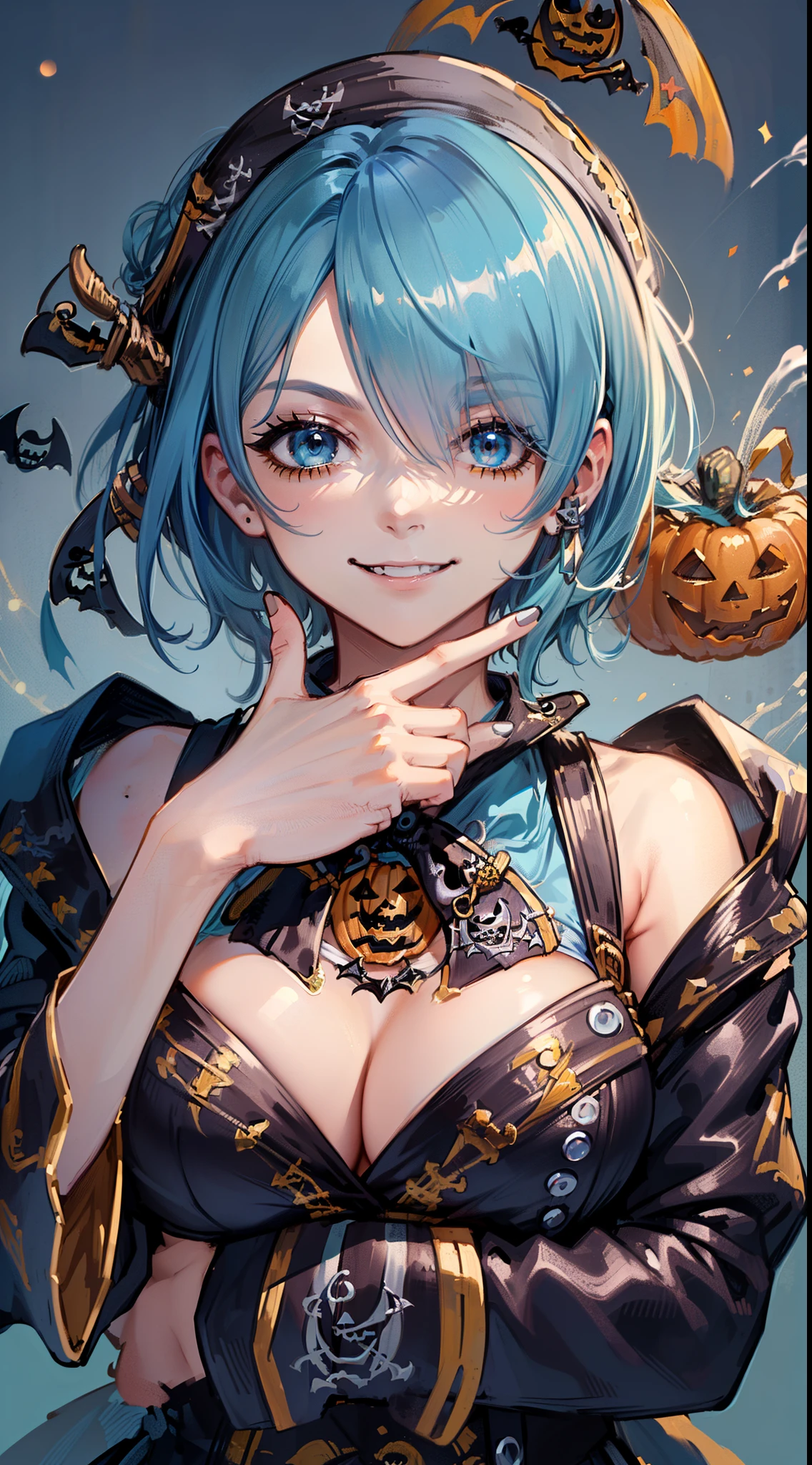 masterpiece, (1girl), ((rem_re_zero, (light blue hair), (hair tie)), (short hair:1.3), (hair over one eye:1.2)), (wearing Halloween ((Pirate) cosplay costume):1.3), boobs, (smiling), (sensual facial expression:1.3), (thinking pose:1.3), (detailed body, detailed hands, detailed face:1.3), full body