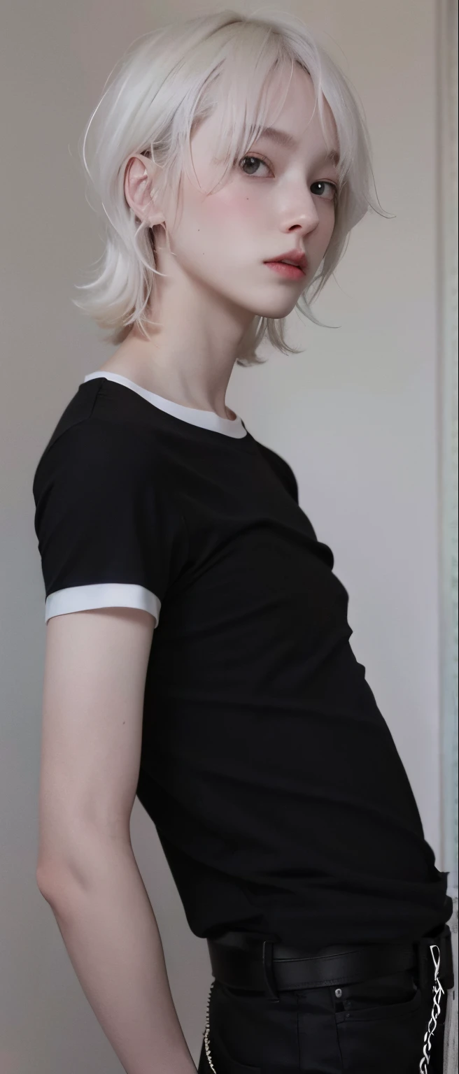 Short handsome -yeld bowith short stature) with light yellow hair of medium height, pale pink lips and pale blue eyes, black shorts sitting in his room and taking a picture of himself with his hair in front of his face. cute face).