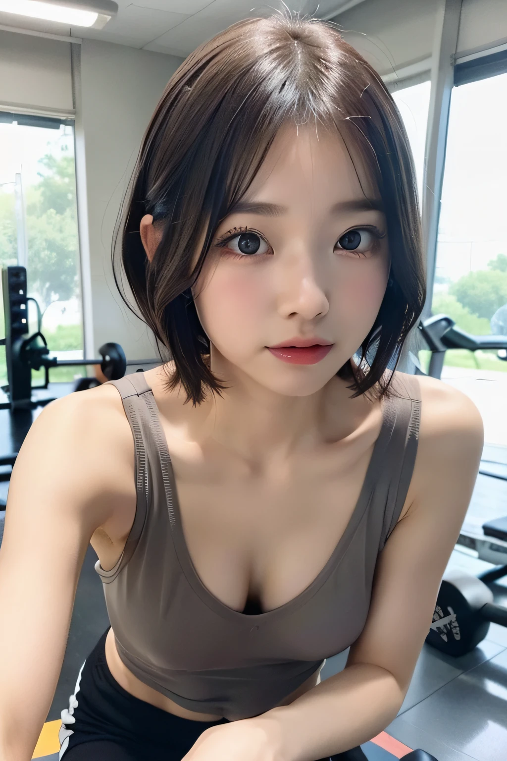 Young woman lying face down on all fours alone、18year old、(Raw photography:1.2)、(Photorealsitic:1.6)、(masterpiece:1.3)、(top-quality:1.4)、hight resolution、nffsw、8K分辨率、(intricate detailes:1.6)、(view full body:1.5),(breasts looking:1.6)、(small and round breasts:1.6)、 (show nipple:1.8),(Hairstyle Short Hair:1.ung Face:1.6)、(A detailed eye:1.5)、(Eye lashes:1.4),Smallest size tank top in grey、Tank top with wide open chest、Tank top with thin strap、Gray tight pants、sports gym、Training Machines、Floor mats、bending forward、Tilt the body forward、Place your elbows on the floor、Armpit wrinkles、,、Glossy skin、Very sweaty、soaked body、Flowing sweat、erectile nipple、There is a space between the chest and the clothes、お漏らし、submersion、Exposed 、Facial expressions that endure pain、With depressed eyes、Detailed areola、large areola exposed,,,,,,,,,,,