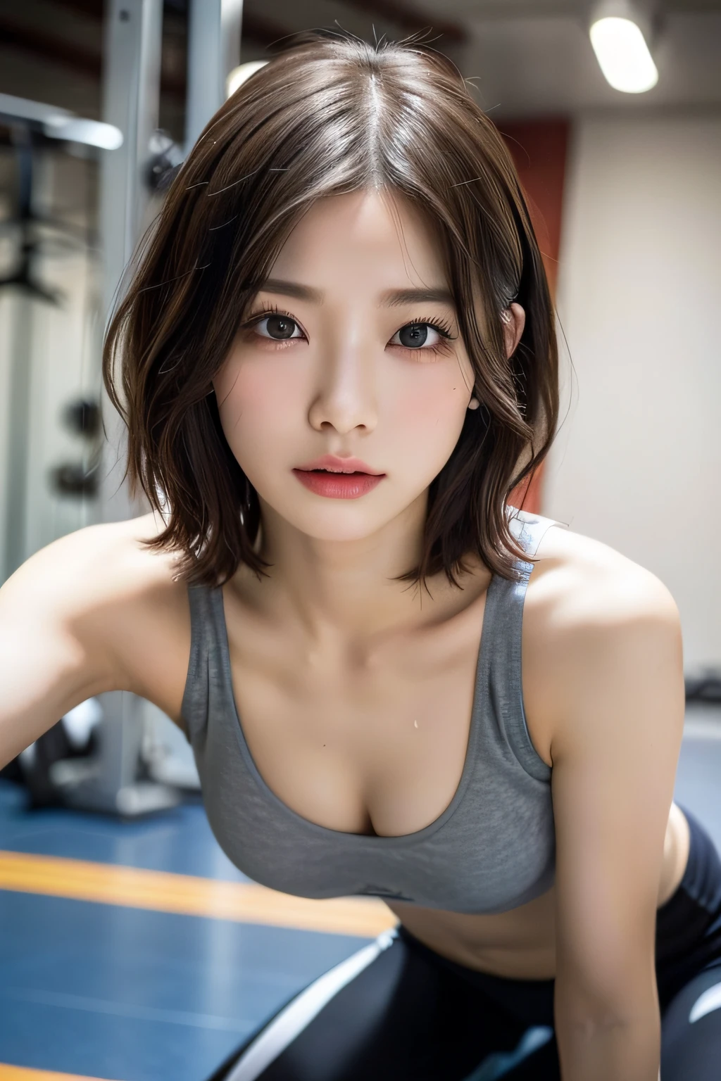 Young woman lying face down on all fours alone、18year old、(Raw photography:1.2)、(Photorealsitic:1.6)、(masterpiece:1.3)、(top-quality:1.4)、hight resolution、nffsw、8K分辨率、(intricate detailes:1.6)、(view full body:1.5),(breasts looking:1.6)、(small and round breasts:1.6)、 (show nipple:1.8),(Hairstyle Short Hair:1.ung Face:1.6)、(A detailed eye:1.5)、(Eye lashes:1.4),Smallest size tank top in grey、Tank top with wide open chest、Tank top with thin strap、Gray tight pants、sports gym、Training Machines、Floor mats、bending forward、Tilt the body forward、Place your elbows on the floor、Armpit wrinkles、,、Glossy skin、Very sweaty、soaked body、Flowing sweat、erectile nipple、There is a space between the chest and the clothes、お漏らし、submersion、Exposed 、Facial expressions that endure pain、With depressed eyes、Detailed areola、large areola exposed,,,,,,,,,,,