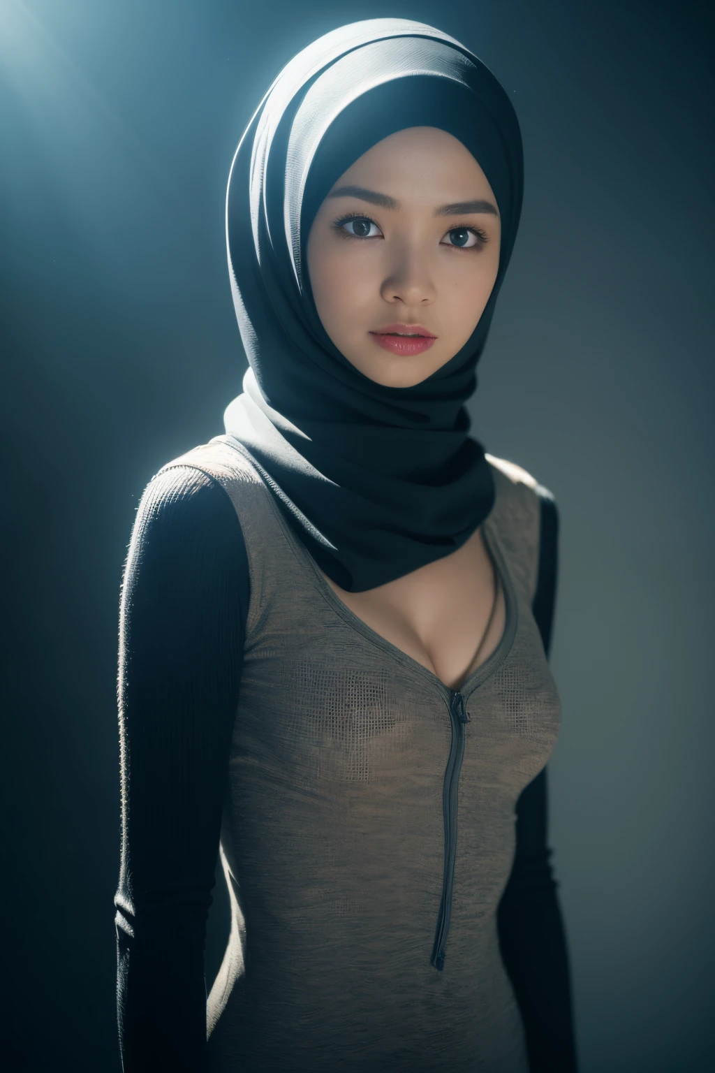 superhero, javanese, (((hijabi))), cleavage, reflection light, chiaroscuro, depth of field, cinematic lighting, ray tracing, Sony FE GM, UHD, super detail, masterpiece, textured skin, high details, best quality, award winning，3D,hdr（HighDynamicRange）,Ray tracing,NVIDIA RTX,Hyper-Resolution,Unreal 5,Subsurface scattering、PBR Texture、post-proces、Anisotropy Filtering、depth of fields、maximum definition and sharpness、Many-Layer Textures、Albedo e mapas Speculares、Surface coloring、Accurate simulation octane rendering of light-material interactions、Two-colored light、largeaperture、Low ISO、White balance、the rule of thirds、8K raw data