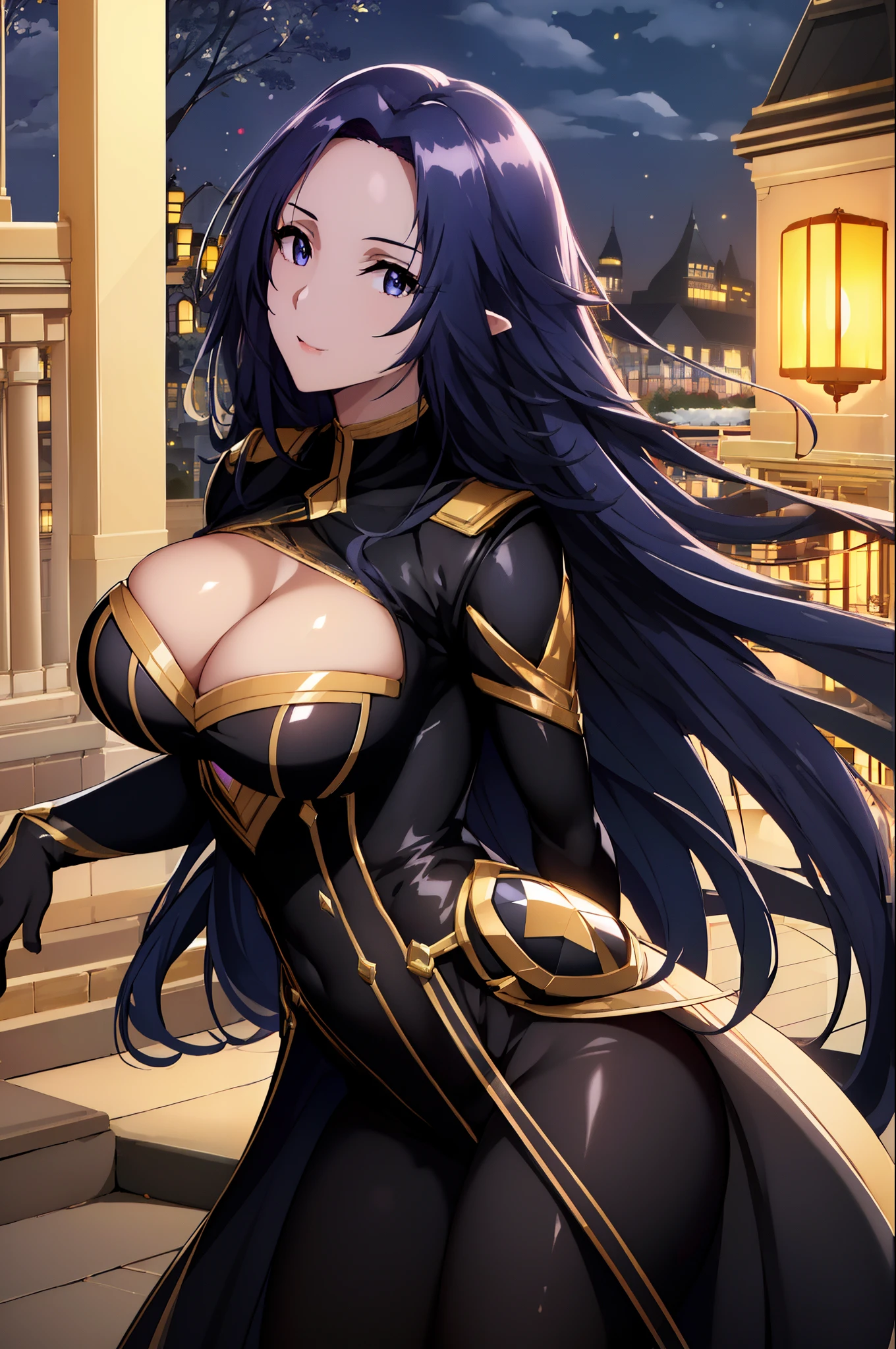 (Night:1.7), In front of a building with a full moon and a clock,Moonlight, Night, nigh sky,Starry sky,
standing at attention,
Black Suit,Black and gold jacket,Black and gold costume,gloves,Black and gold bodysuit, cleavage cutout, 
pointy ear,
Dark blue hair,Dark blue eyes, Bangs,
1 girl, 20yr old,infp young woman,Beautiful Finger,Beautiful long legs,Beautiful body,Beautiful nose,Beautiful character design, Perfect eyes, Perfect face,Expressive eyes,
Looking at Viewer, In the center of the image,(The upper part of the body_Body),(Focus on her face),
Official art,the Extremely Detailed CG Unity 8K Wallpapers, Perfect Lighting,Colorful, Bright_front_Face_Lighting,Shiny skin,
(masutepiece:1.0),(best_quality:1.0), 超A high resolution,4K,Ultra-detailed,
Photography, 8K, nffsw, hight resolution, absurderes:1.2, Kodak Portra 400, Film grain, Blurry background, Bokeh:1.2, Lens Flare, (Vibrant_Color:1.2)
(Beautiful,Large_breasts:1.4), (Beautiful_Face:1.5),(narrow_waist),