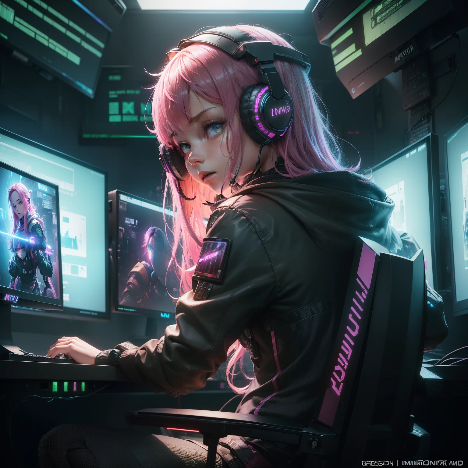 ((Masterpiece)), (((Best Quality)))), ((Illustration)), (Depth of Field: 1.2),Solo,Dynamic Angle,1 Girl,Hacker Beautiful 15 Years Old medium skin colored Girl, Indoors, Room, Dim Room, Sci-Fi, Neon, Neon Lights, Cyberpunk, Computer Room, Gaming Headphones, Computer Equipment, Ethical Hacker, Server Room Background, display lights, monitors, (LED monitors, surrounded by multiple display monitors: 1.5), gaming chair, bright pink hair highlights, long hair, light cyber clothes, energy drinks, cables, messy room, front, bottom, talking at camera, wearing cyber punk aviator googles