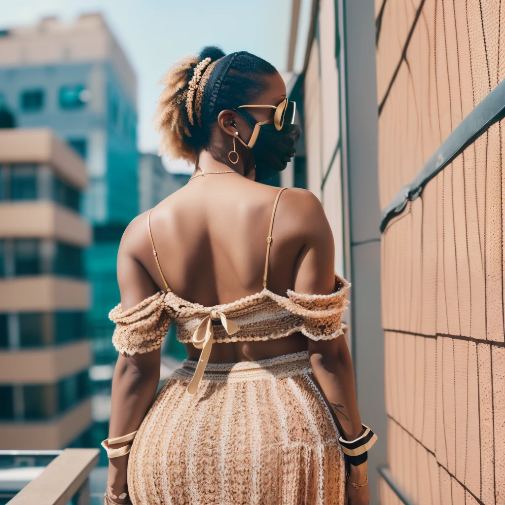 cinematic film still, (FASHION photography) (EDITORIAL photography) (CINEMATIC photography), dark skin WOMAN WITH BIG WIDE HIPS AND BIG MASSIVE BUTTOCKS, (A-cup breasts), ((SMALLSIZE)), MILF wearing DRESS ((MAKING EPIC POSE on ROOFTOP)), ((BIG ASS)), ((LARGESIZE)), (trapezoidal hips), ((LARGESIZE)), (butt facing down), ((SIDE)), cellophane mask scarf sweater, color tones: Almond Tan Wheat, Womanly, Womancore, (best quality) sharp focus, shot on Fujifilm superia --auto --s2