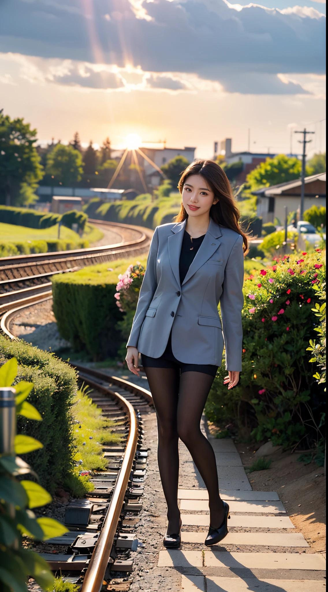 (((Full-body shot))), Corporate style long distance landscape professional photography. 1female hot model, ((naked, , Pantyhose)), Japanese, navels, pussy, pubic-hair, Sorrisos, full detail, Perfect perspective, highly detaild, wide angle lens, A hyper-realistic, With a dramatic sky, Polarizing Filters, natural lighting, Vivid colors, early morning sunlight, Everything is clearly in focus.., HDR, UHD, 64k, on the tracks, spirit of young beauty, The most beautiful face in the world,Sakura flowers on background